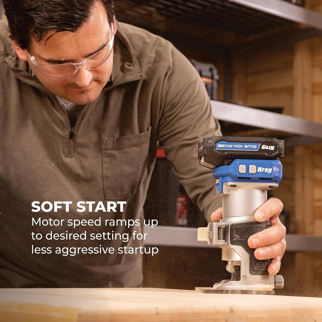 Kreg 20V Ionic Drive 1/4 Inch Trim Router, 20V Blue Ion Charger & Blue Ion 2Ah Battery Pack - Cordless Woodworking Tool - Micro-Adjustment Trim Tool - Dual LED Lights - KPTBRT025A