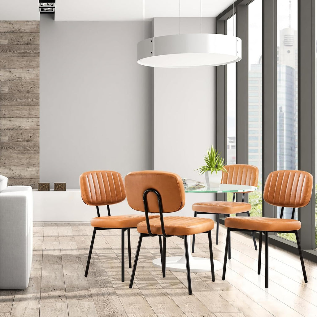 Sweetcrispy Dining Chairs Set of 4, Upholstered Mid Century Modern Kitchen Accent Chairs with Faux Leather Cushion Seat & Metal Legs for Home Office, Living Room - Brown