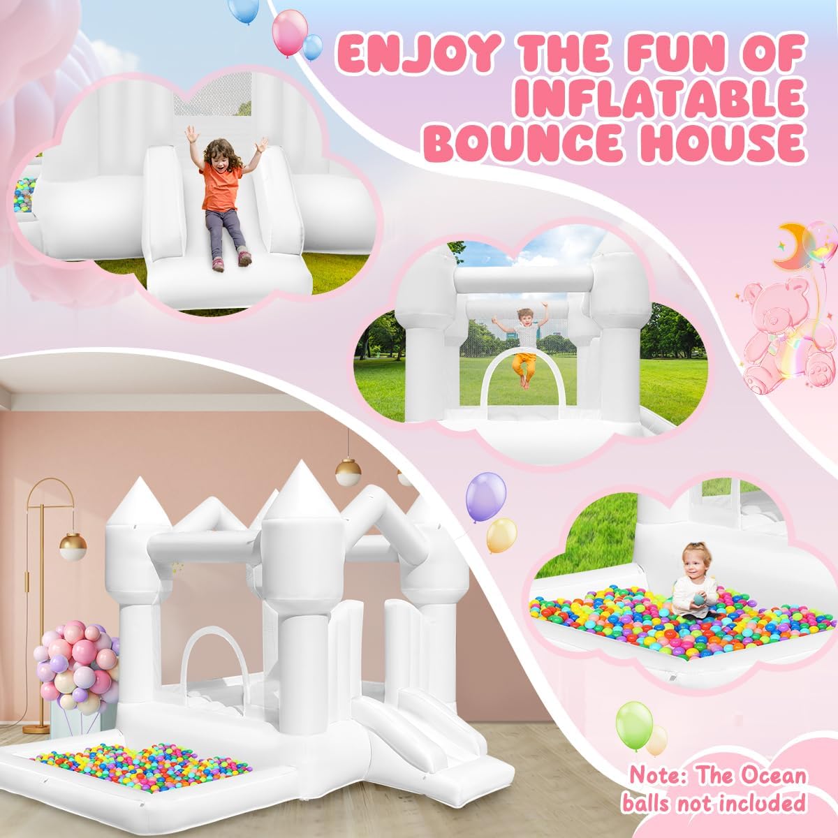 FINCOME Inflatable Bounce House for Kids, White Bounce House with Slide, Jumping Bouncy Castle for Kids Birthday Party, Wedding, Backyard Indoor/Outdoor White (with Blower)