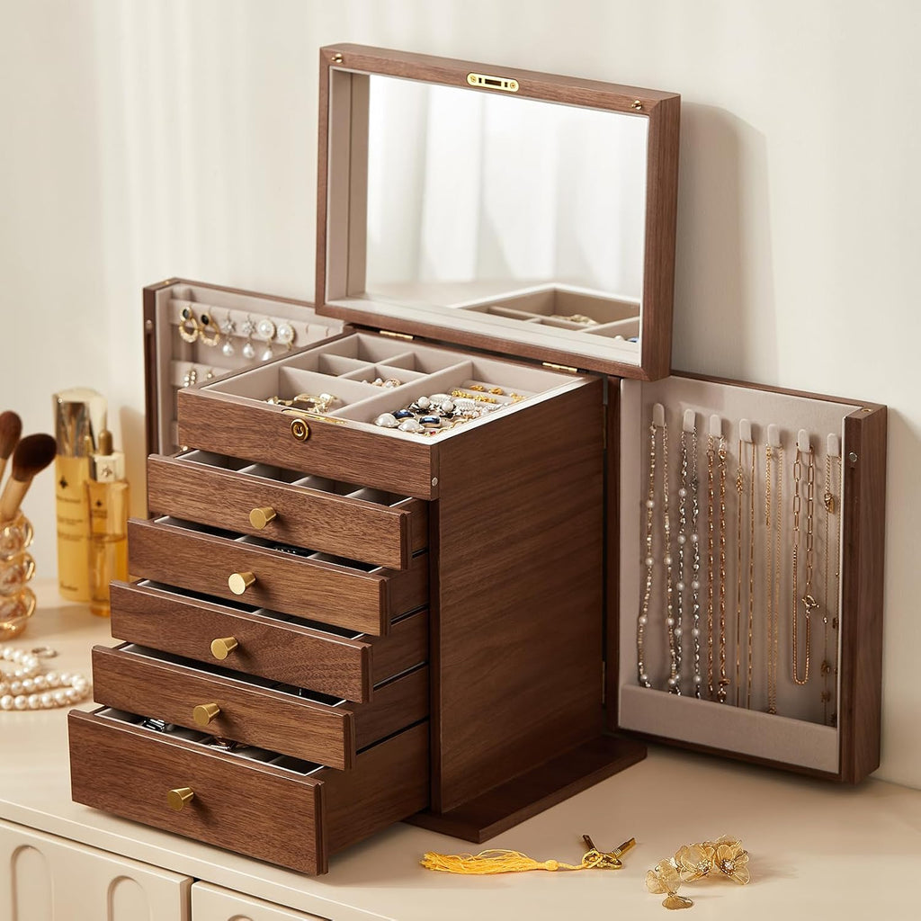 Black Walnut Wooden Jewelry Box, Wood Jewelry Organizer with 2 Side Doors Mirror Lockable Classical Style for Watch Necklace Ring Earring Storage, Ideal Gift-6 Layer