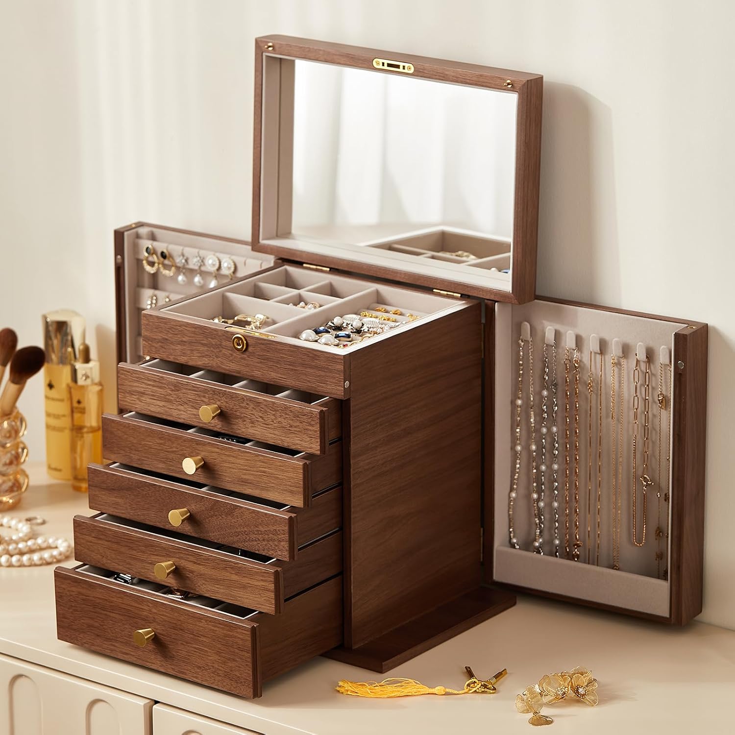 Black Walnut Wooden Jewelry Box, Wood Jewelry Organizer with 2 Side Doors Mirror Lockable Classical Style for Watch Necklace Ring Earring Storage, Ideal Gift-6 Layer