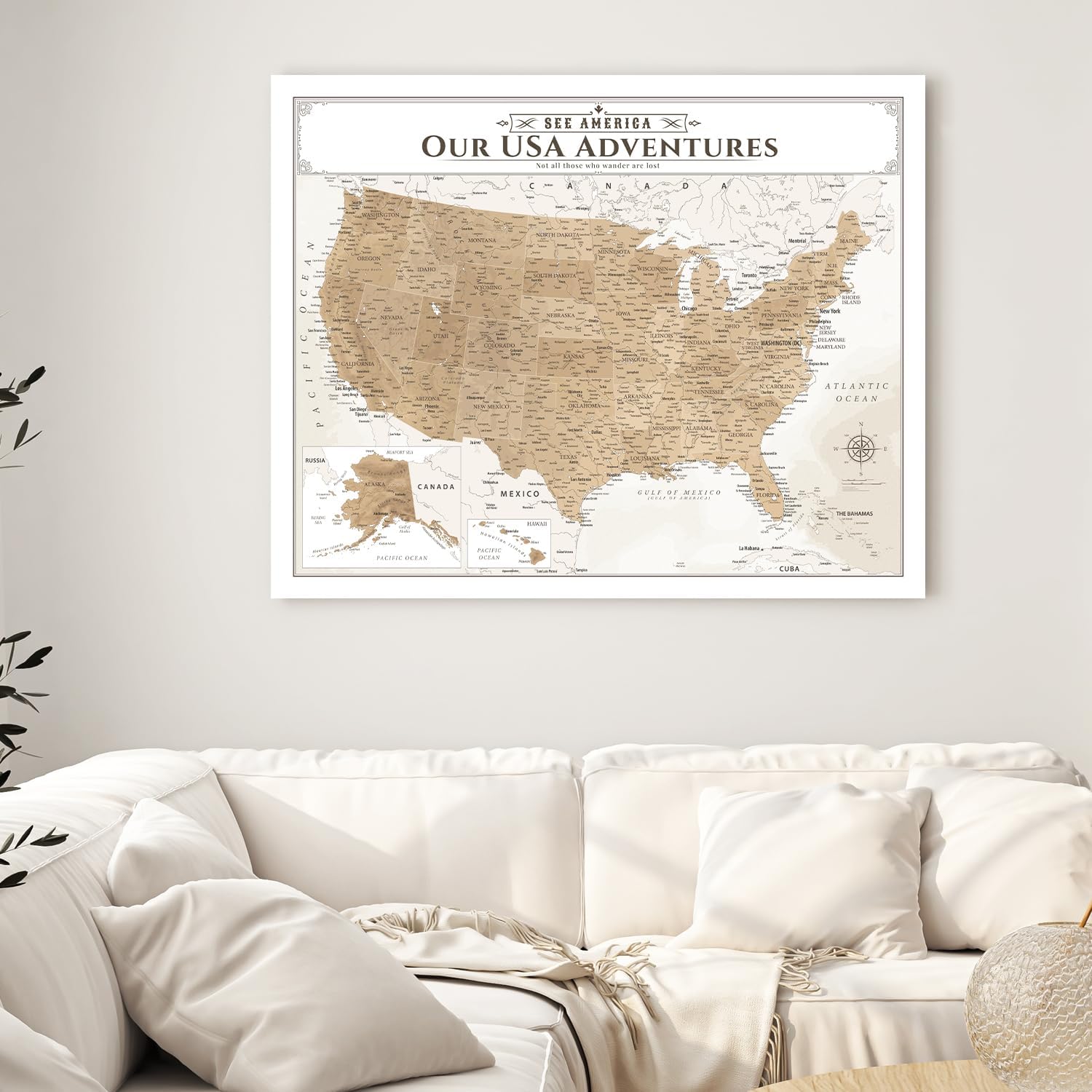 IPIC - Vintage US Map for Travel, Pin Board Canvas Wall Art, Travel Map with Pins Included, Ready to Hang for Home or Office, 30x24 Inch