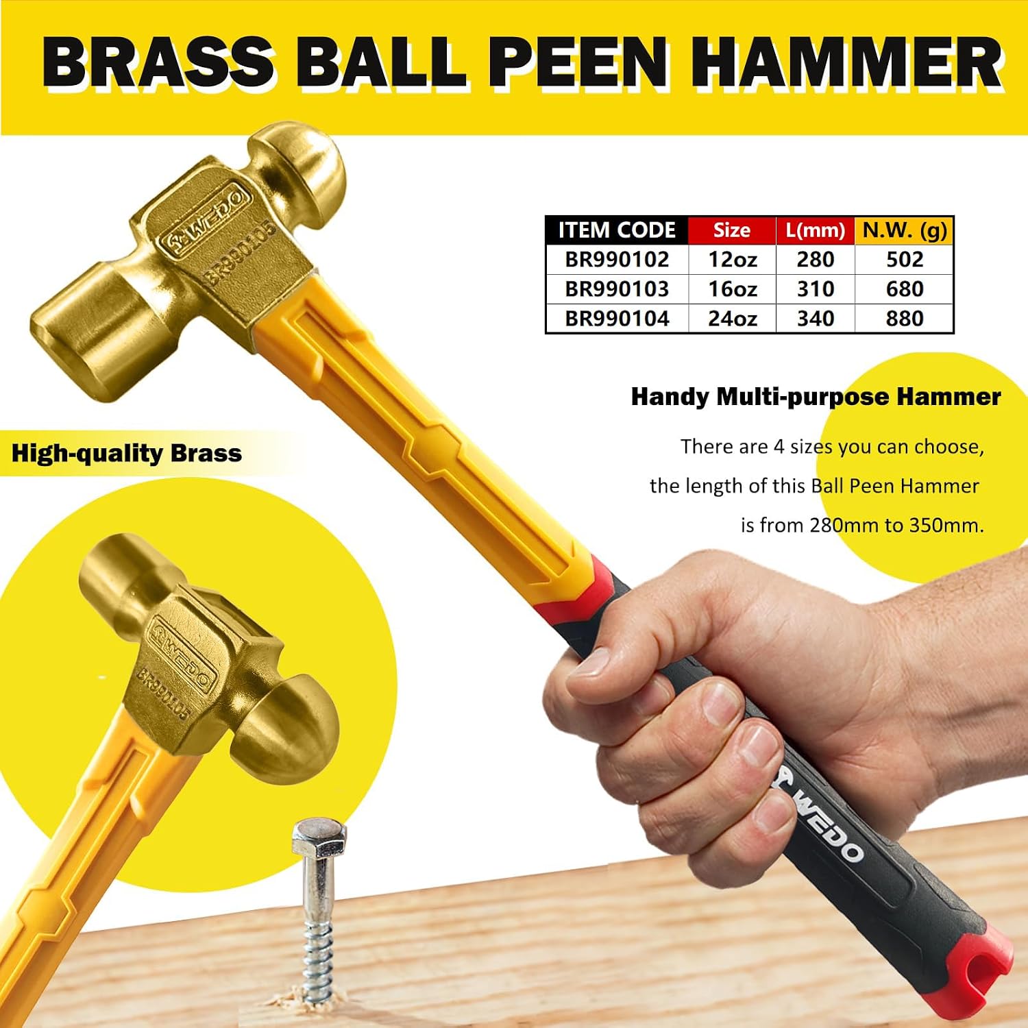 WEDO 3PCS Brass Ball Peen Hammer Set 12oz+16oz+24oz,Ball Pein Hammer with Fiberglass Handle,Brass, Die-Forged, Corrosion Resistant, DIN Standard