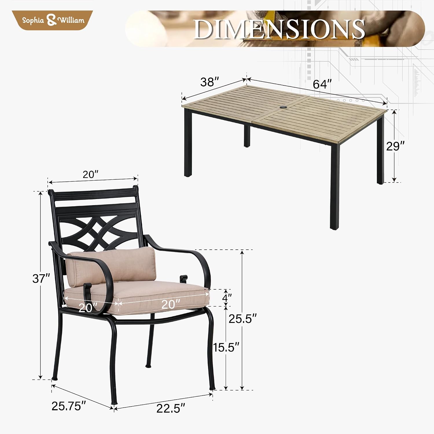 Sophia & William Outdoor Patio Dining Set for 6 | Outdoor Table and Chairs | Removable Seat Cushions | 64' Metal Tabletop with Wood Texture