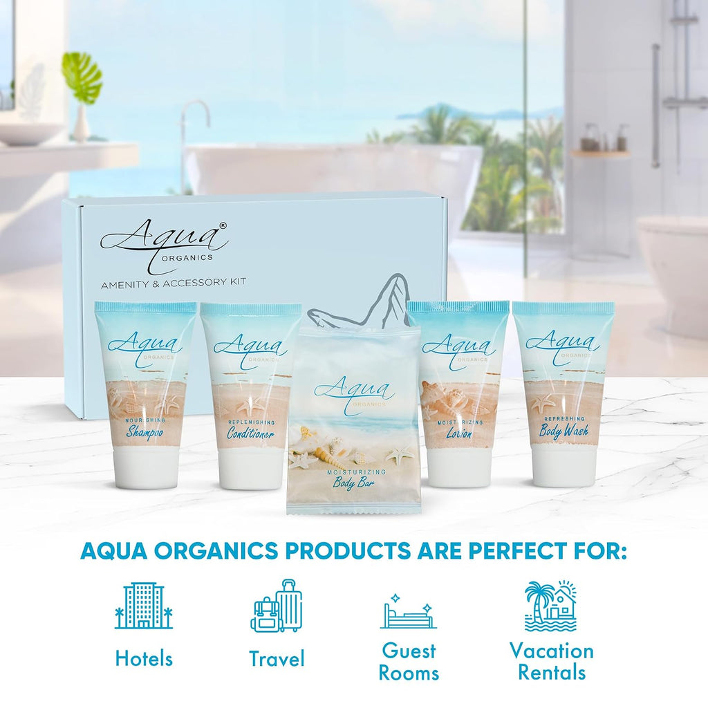 Aqua Organics Amenity Kit | Boxed Hotel Toiletries Bulk Set | 1 oz Shampoo, Conditioner, Lotion, Body Wash & Bar Soap | 300 Sets per Case