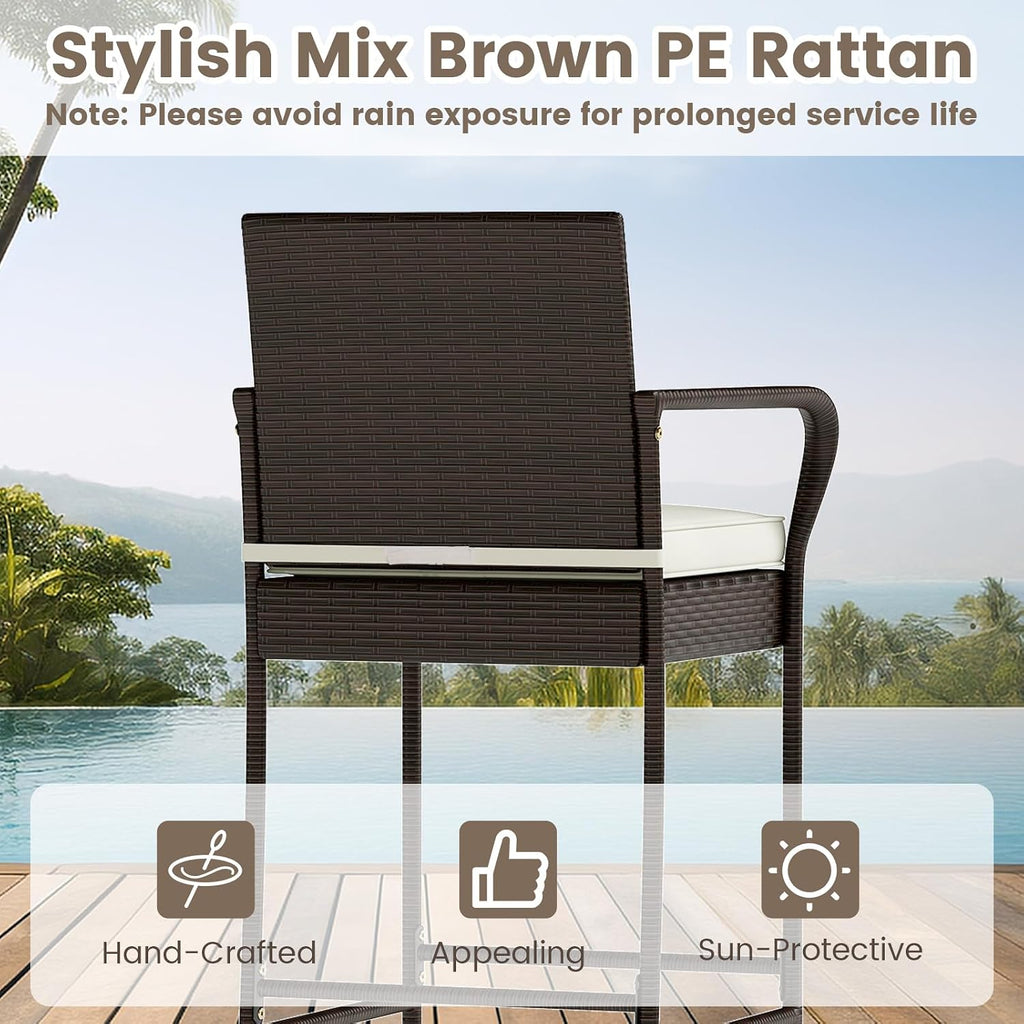 Tangkula 3 Piece Outdoor Bar Set, Patio Rattan Heavy Duty Bar Height Glass Top Table & Chairs w/ 2 Cushioned Barstools, for Porch, Yard, Poolside