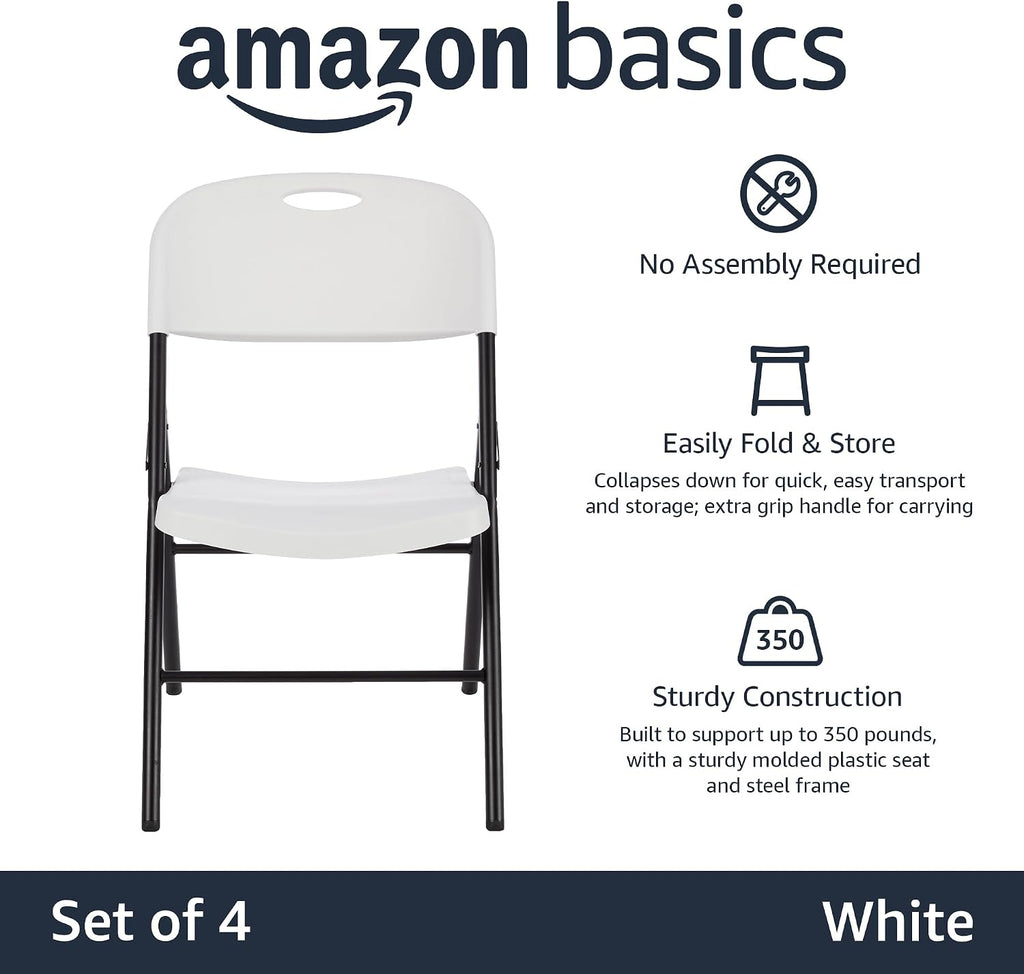 Amazon Basics Foldable Portable Plastic Chair, 350-Pound Capacity, White, 4-Pack