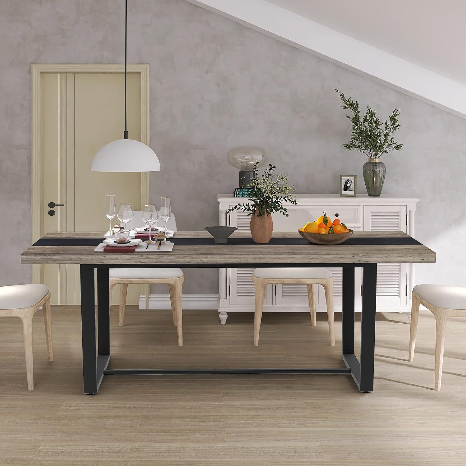 STHOUYN 71' 6ft Large Dinner Table for 6 8 Seat Dining Room Table, Rectangular Farmhouse Modern Kitchen Long Black & Grey Industrial Conference (Grey)