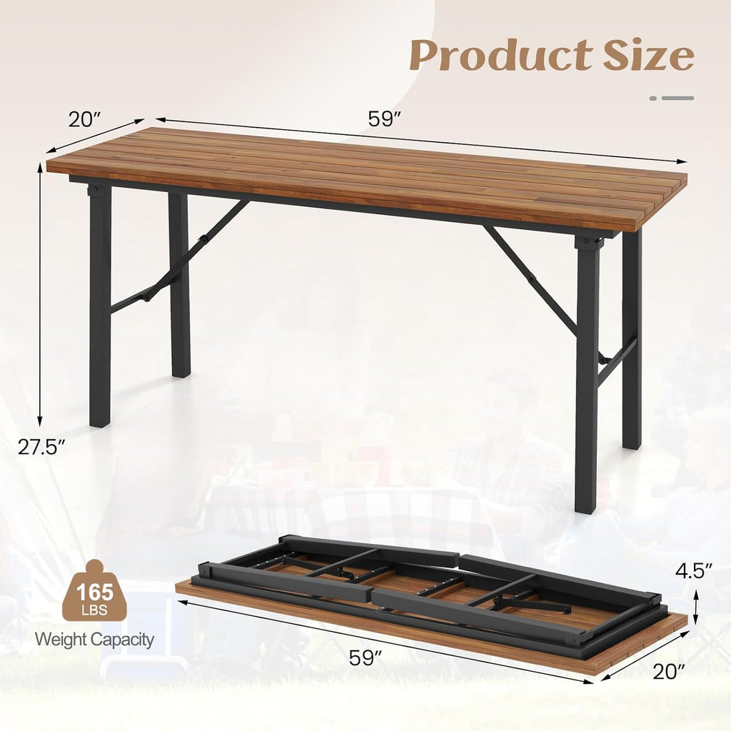 Tangkula 59' Narrow Outdoor Dining Table for 4-6, No Assembly Foldable Patio Dining Table with Acacia Wood Top & Heavy Duty Metal Frame, Portable Table for Yard, Garden, Poolside or Indoor (Natural)
