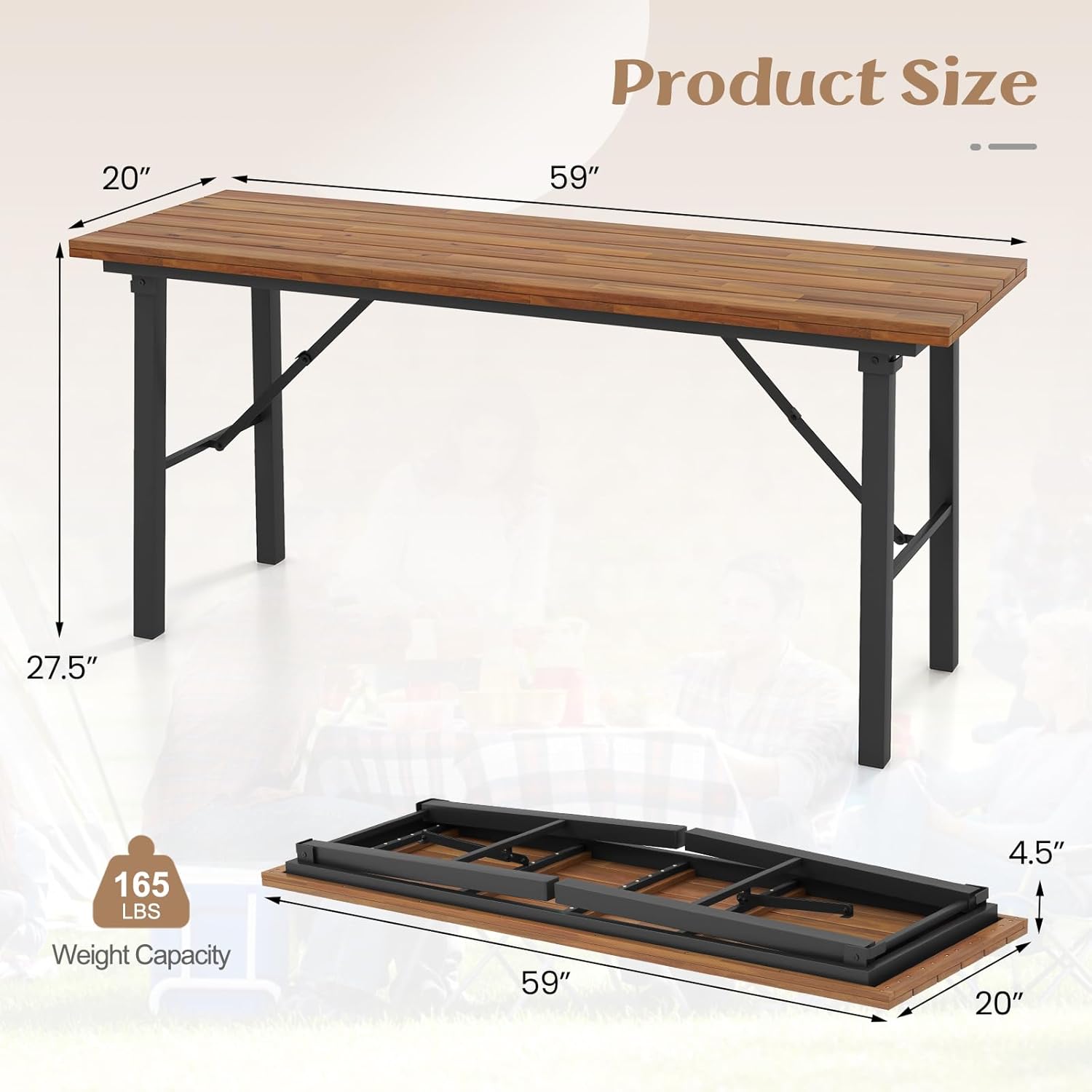 Tangkula 59' Narrow Outdoor Dining Table for 4-6, No Assembly Foldable Patio Dining Table with Acacia Wood Top & Heavy Duty Metal Frame, Portable Table for Yard, Garden, Poolside or Indoor (Natural)