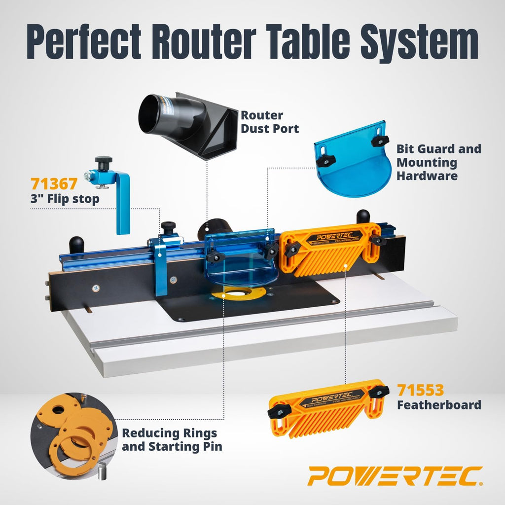 POWERTEC Benchtop Router Table with Steel Stand and Adjustable Fence – 24' x 16' MDF Laminated Top, Insert Plate, 2-1/2' Dust Port, Fence Stop, Featherboard & Additional Accessories (71402)