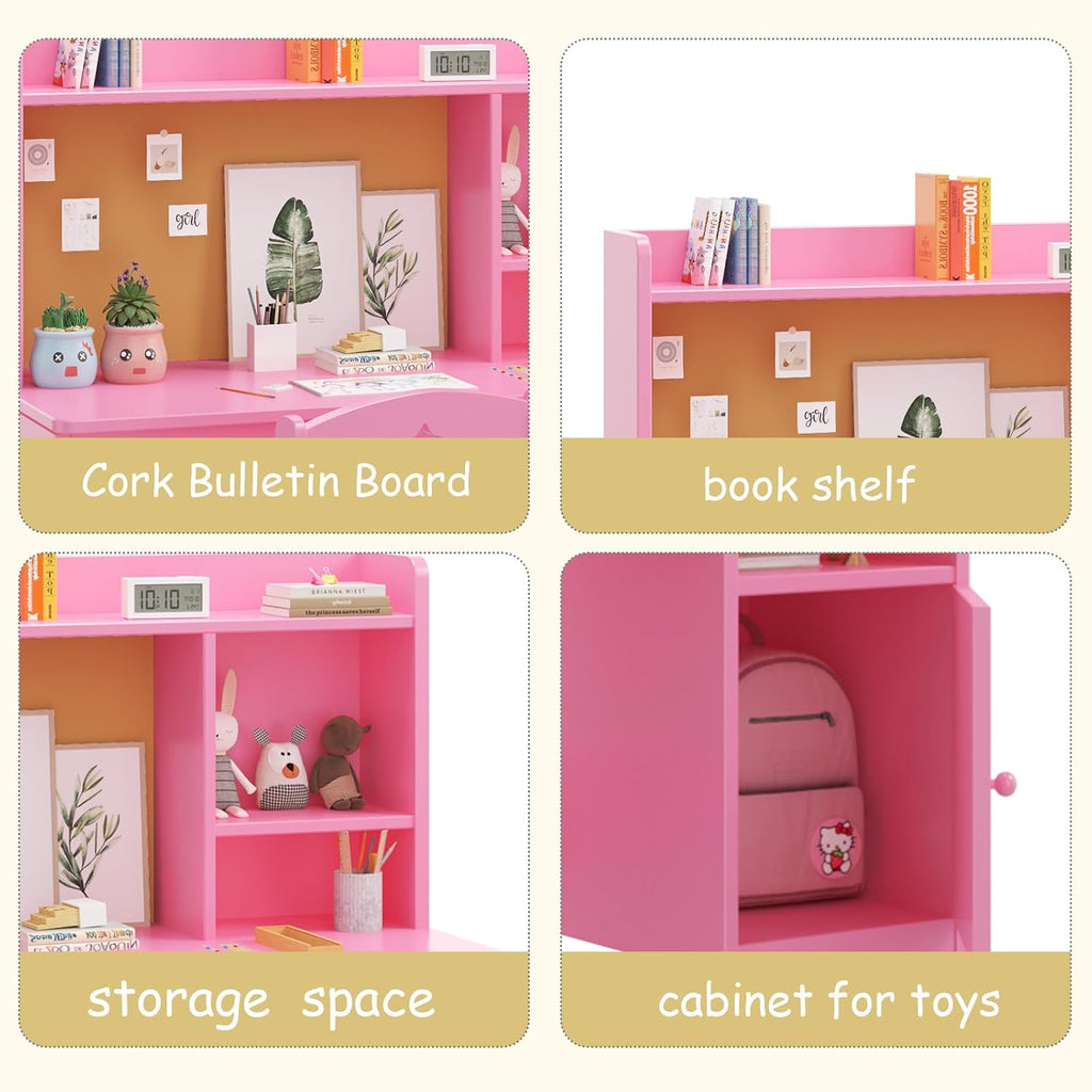 GarveeHome Kids Desk & Chair Set with Hutch, Storage Cabinet, Wooden Children Student Writing Table Computer Workstation for Kids Bedroom & Study Room