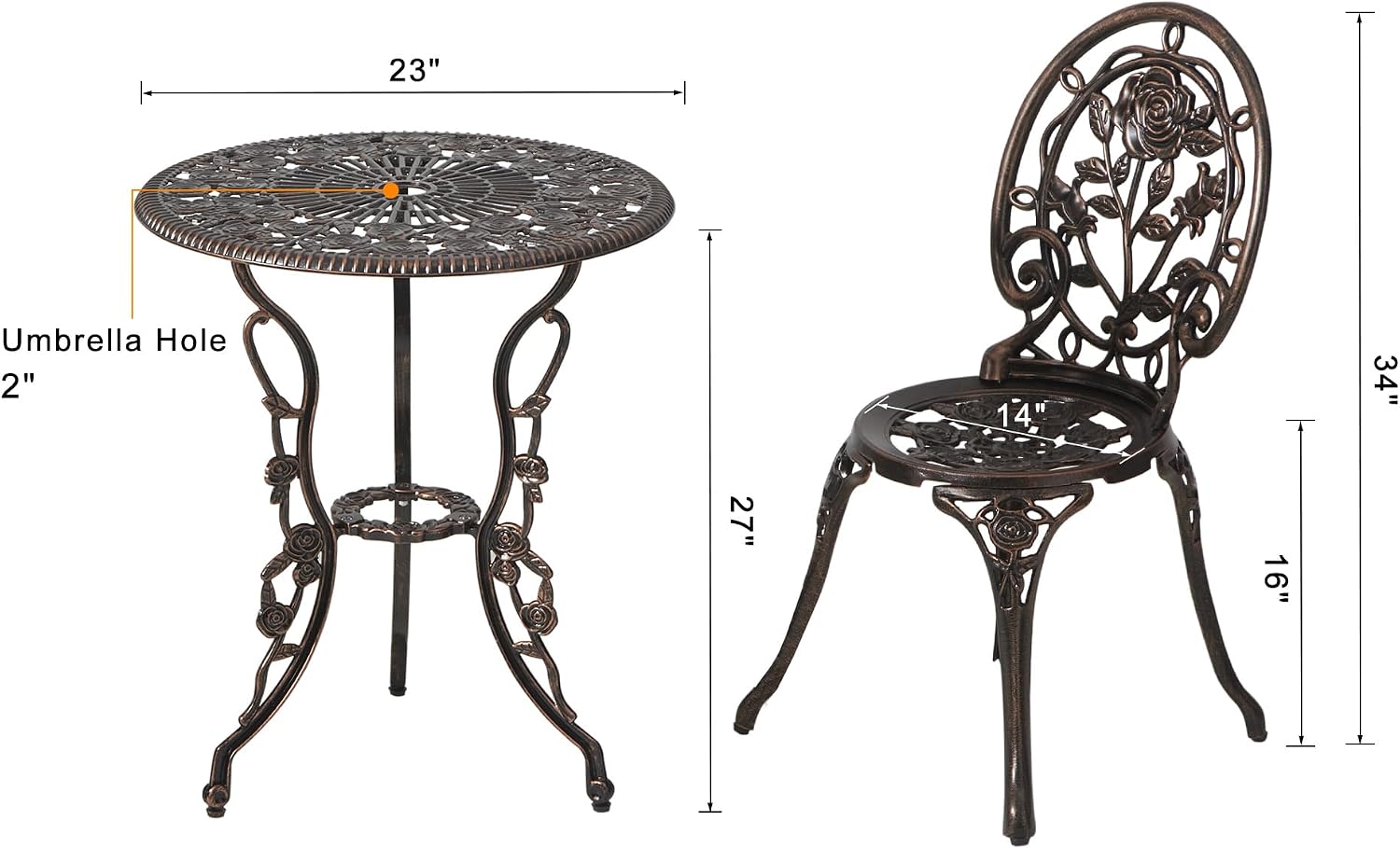 HOMEFUN Bistro Table and Chairs Set of 2 Outdoor 3 Piece Patio Set, Rose Pattern Cast Aluminum Bistro for Garden Balcony, Durable Rust All-Weather Resistance, Rose Bronze