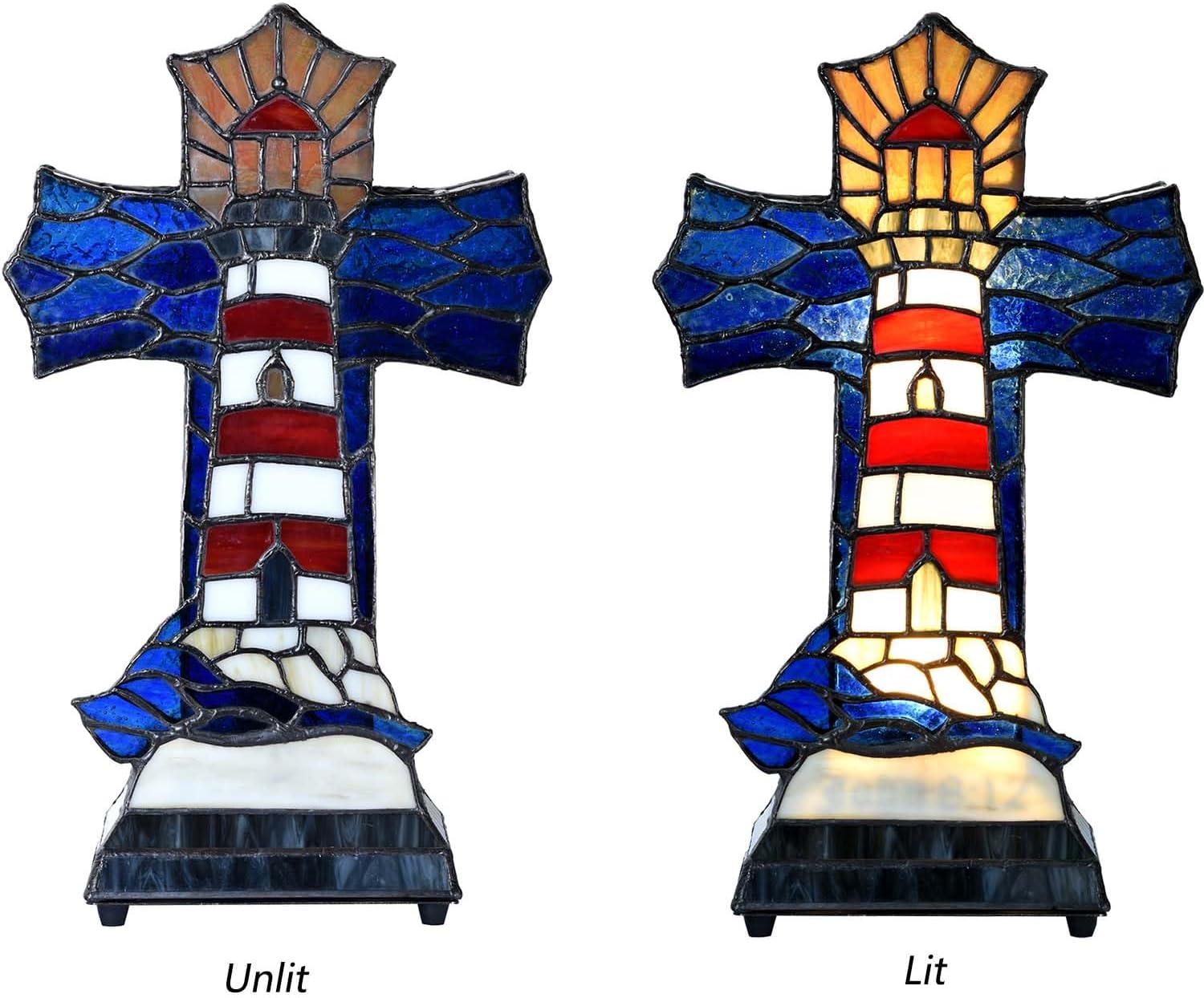 Bieye L12020 Christian Cross Tiffany Style Stained Glass Table Lamp for Home Décor (Lighthouse)