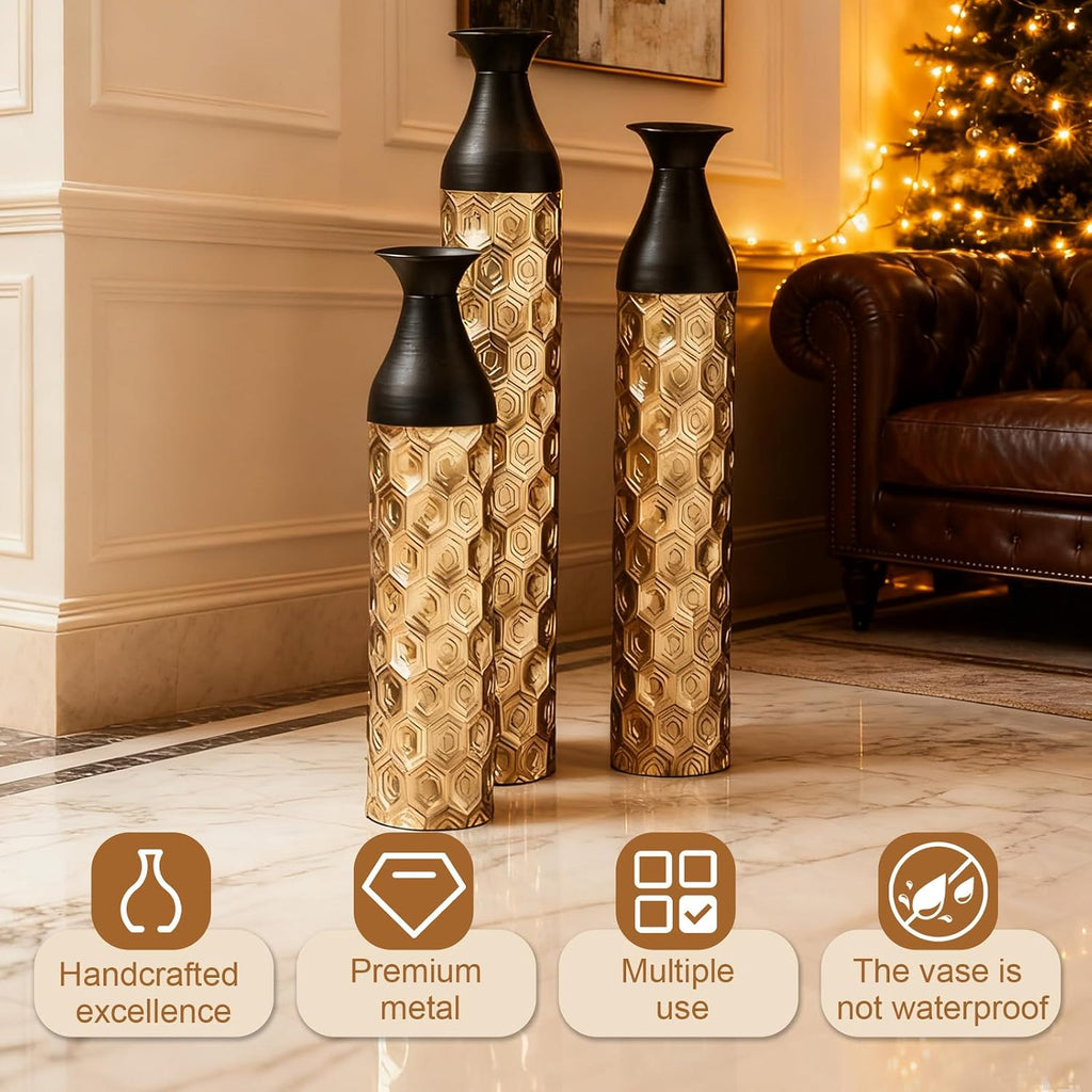 Floor Metal Decorated Vases Set of 3 for Gorgeous Home Decoration Large Glazed Metal Vases (Black+Gold)