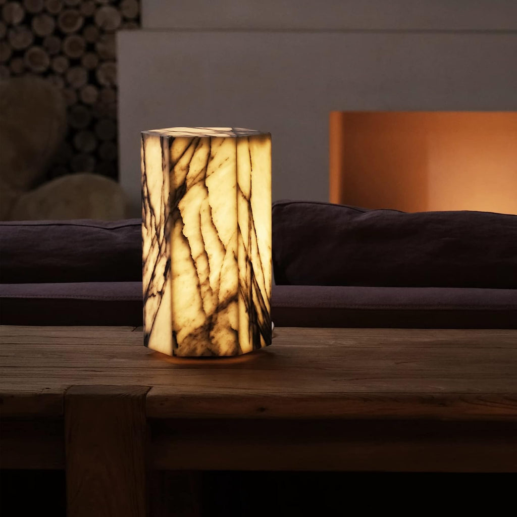 Handcrafted Real Marble Table Lamp, Stone Lamp with Tri-Color Dimmable LED, Bedside Lamp, Small Table Lamp for Home Decor, Accent Table Lamp for Bedroom Living Room, Hexagon