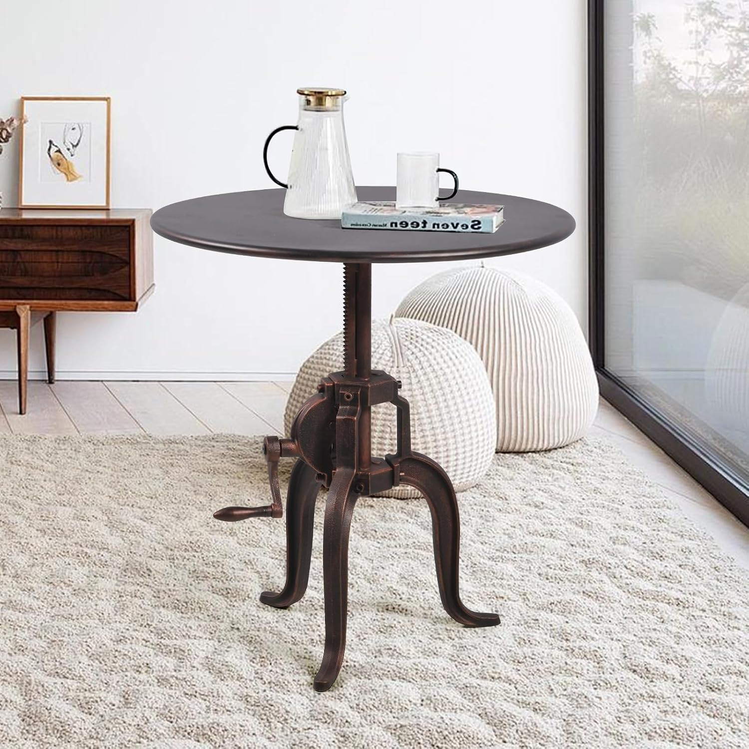 Industrial Heavey Duty Iron Sofa Side Table Crank Lift Up-and-Down Small Round Tea Table, Copper…