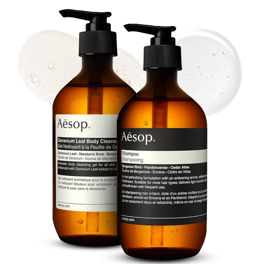 Aesop Geranium Leaf Body Cleanser & Shampoo Set | Refreshing Botanical Body Wash and Daily Shampoo for All Hair Types | 16.9 oz (Set of 2)