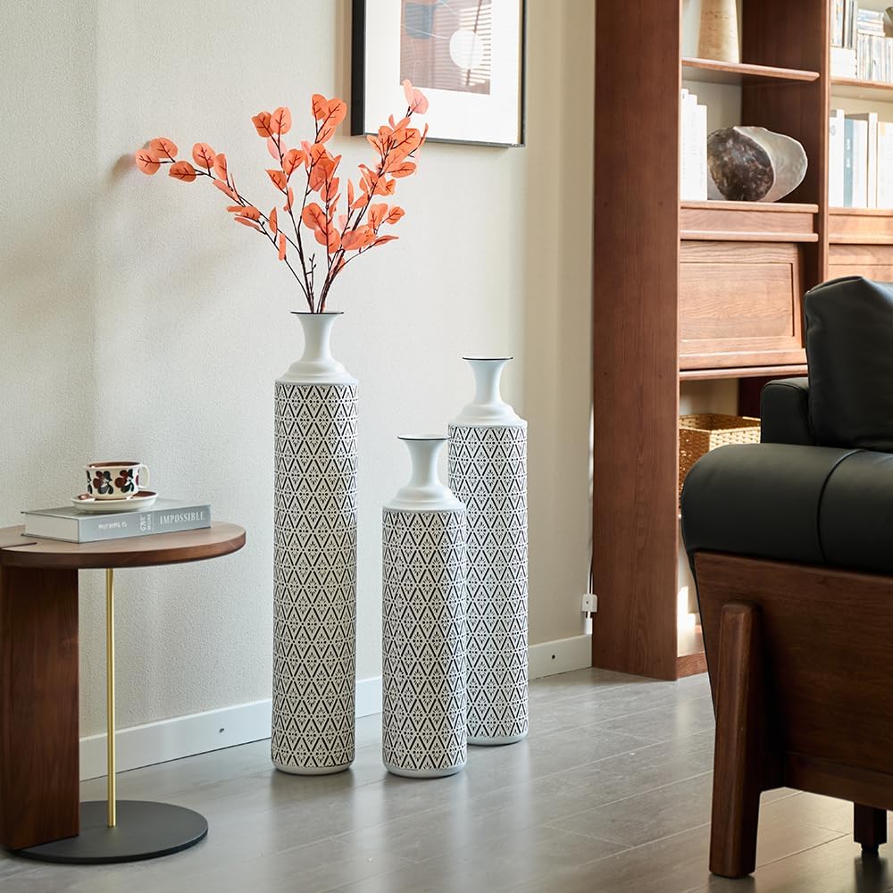 Floor Metal Decorated Vases Set of 3 for Gorgeous Home Decoration Large Glazed Metal Vases (White+Black)