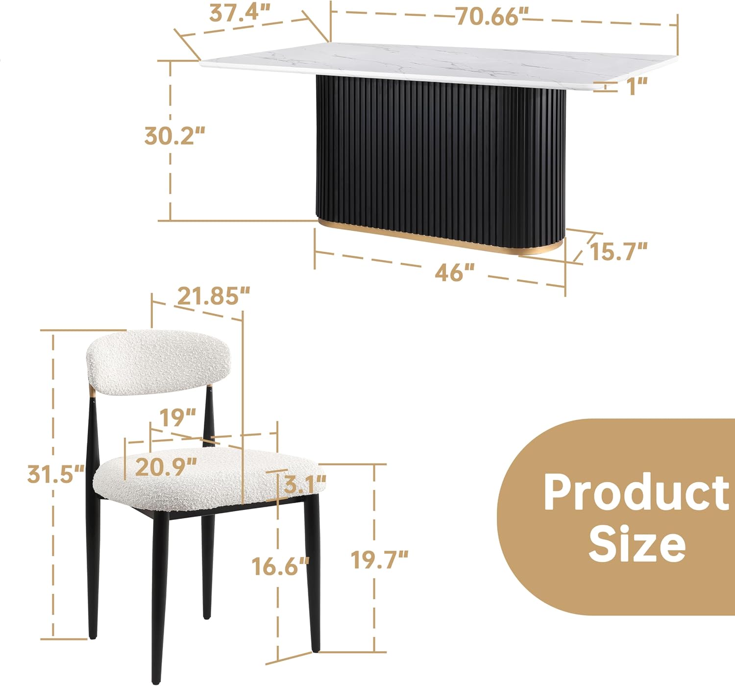 Morden Fort Modern Dining Table Set for 4, 70' Kitchen Table with Marble Rectangle Top and Black Fluted Base, 4 Boucle Upholstered Chairs for Dining Room, Restaurant and Reception