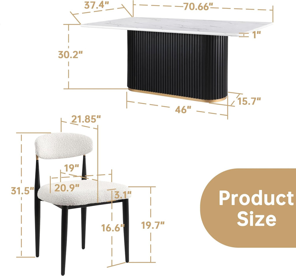 Morden Fort Marble Dining Table Set for 6, 70' Kitchen Table with White Rectangle Top and Black Fluted Base, 6 Modern Upholstered Chairs for Dining Room, Restaurant and Reception