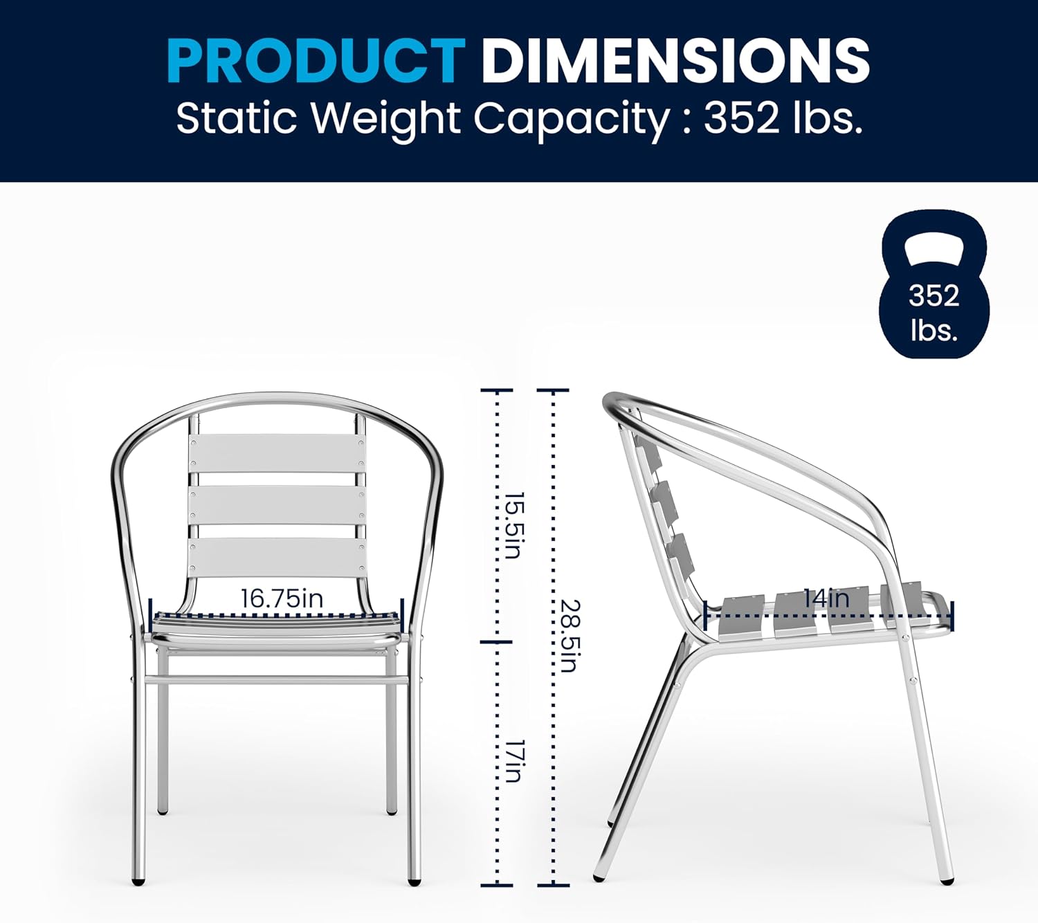 Flash Furniture Aluminum 5-Piece Patio Dining Set with Square Table and 4 Slat Back Chairs, Indoor/Outdoor Bistro Table and Chairs Set, Silver
