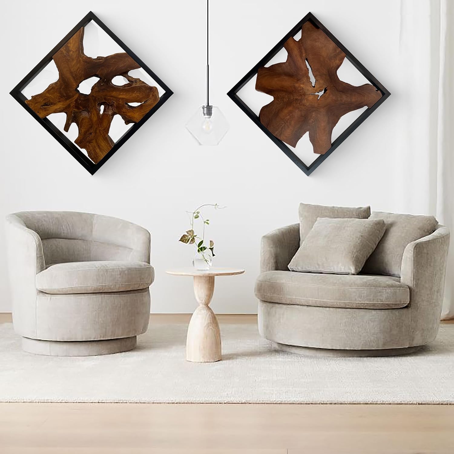 Warmaxx Rustic Teak Wood Wall Art 27.8'L x 27.8'W x 2.3' Thickness Farmhouse Framed Wall Art Aesthetic Decoration Square Home Office Dorm Handmade Freeform Pattern Natural Wall Décor Living Room Bedroom Hallway