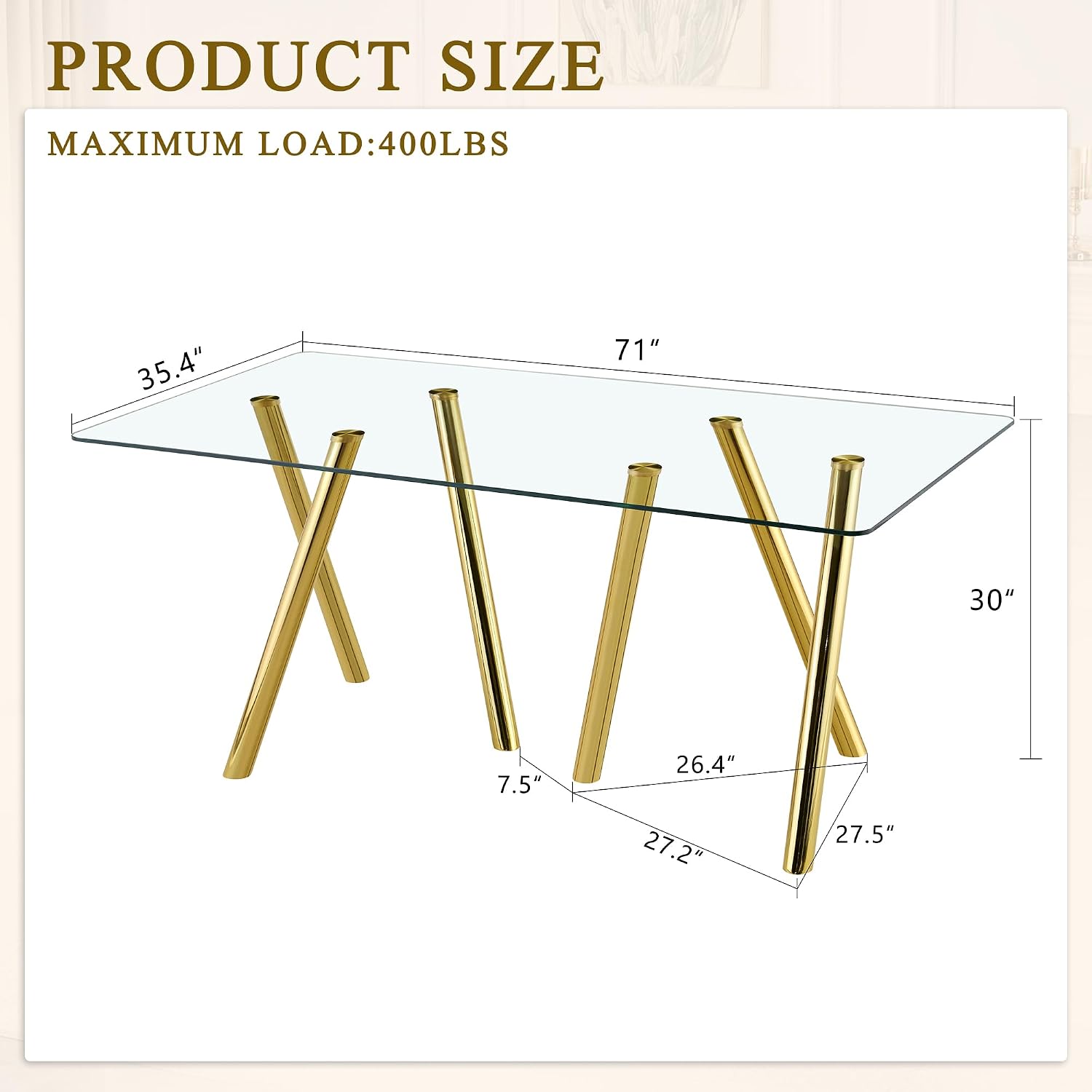 71' Glass Gold Dining Table for 4 6, Modern Kitchen Dining Room Table with 0.39' Thick Tempered Glass Tabletop and Metal Legs, Large Rectangle Dinner Tables for Home Kitchen Living Room