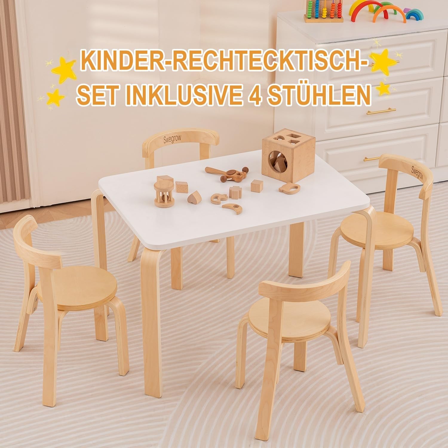 Swegrow Kids Table and 4 Chairs Set, Wooden Table and Chairs for Kids & Toddler，Kid Wooden Furniture for Playroom/Home/Kindergarten