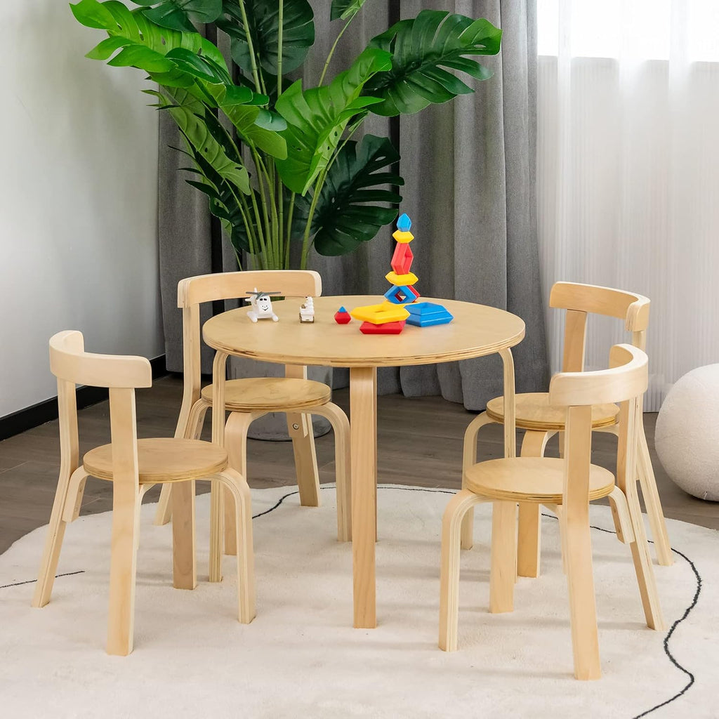 Costzon Kids Table and Chair Set, 5-Piece Wooden Activity Desk Set w/Toy Bricks, Classroom Playroom Daycare Furniture for Playing, Drawing, Reading, Bentwood Toddler Table and Chairs (Natural)