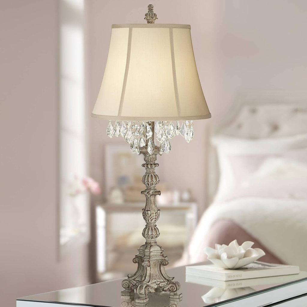 Barnes and Ivy Duval 34' Tall Candlestick Large French Traditional End Table Lamps Set of 2 Brown White Crystal Living Room Bedroom Bedside Nightstand House Office Home Reading Beige Shade