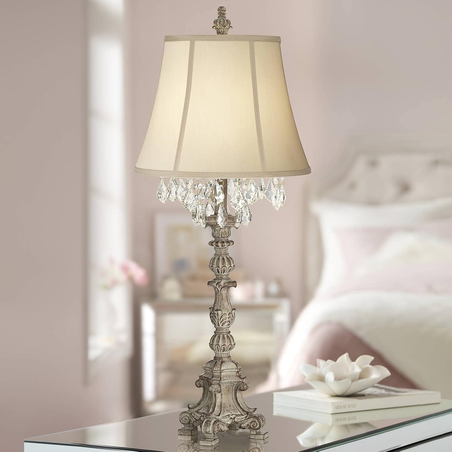 Barnes and Ivy Duval 34' Tall Candlestick Large French Traditional End Table Lamps Set of 2 Brown White Crystal Living Room Bedroom Bedside Nightstand House Office Home Reading Beige Shade