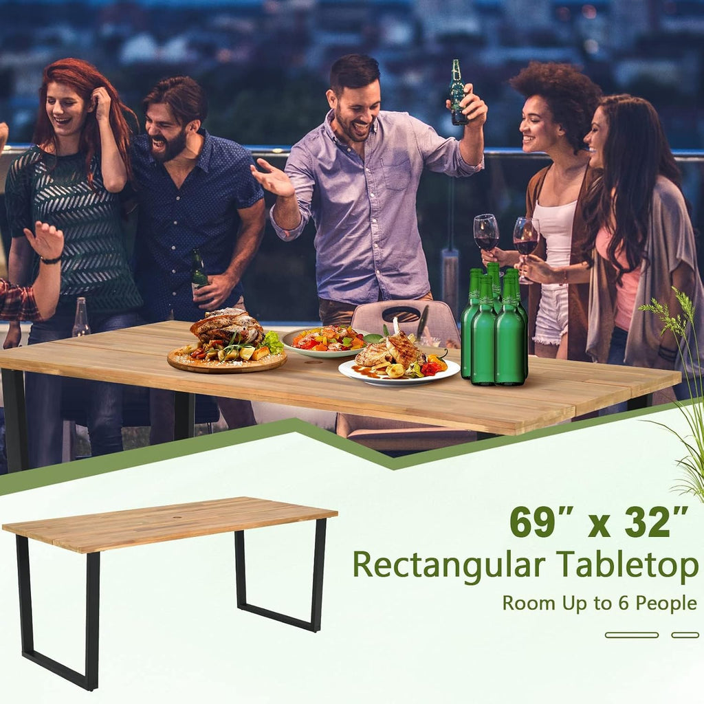 HAPPYGRILL Acacia Wood Dining Table for 6, Outdoor Patio Table with Metal Frame and 2 inch Umbrella Hole, 69 x 32 inch Rectangular Outdoor Table for Porch Balcony Garden