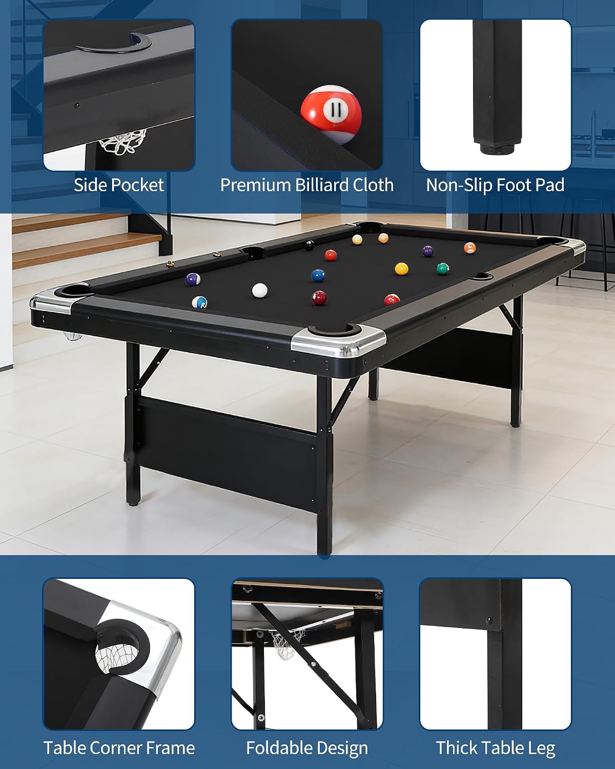 Garvee 6/7 Foot Pool Table, Folding Pool Table Includes Full Set of Billiard Balls, Portable Billiards Tables with 2 Cue Sticks, Chalk & Felt Brush for Family Game Room
