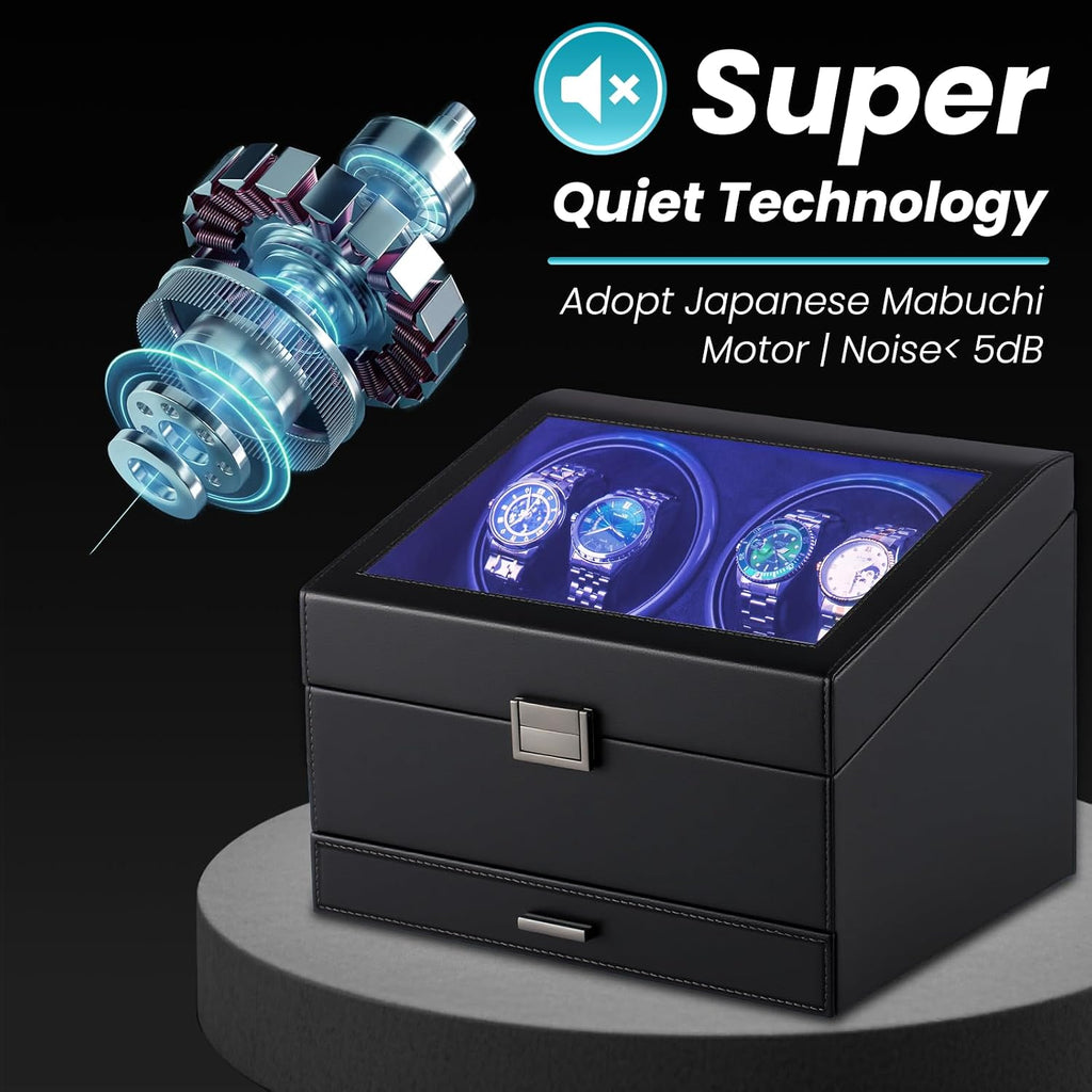 J&T Technology Watch Winder for 4 Automatic Watches, Watch Winder Box with Watch Holders and Jewelry Storage, Quiet Japan-Made Motor,LED Light,Gift for Men & Women