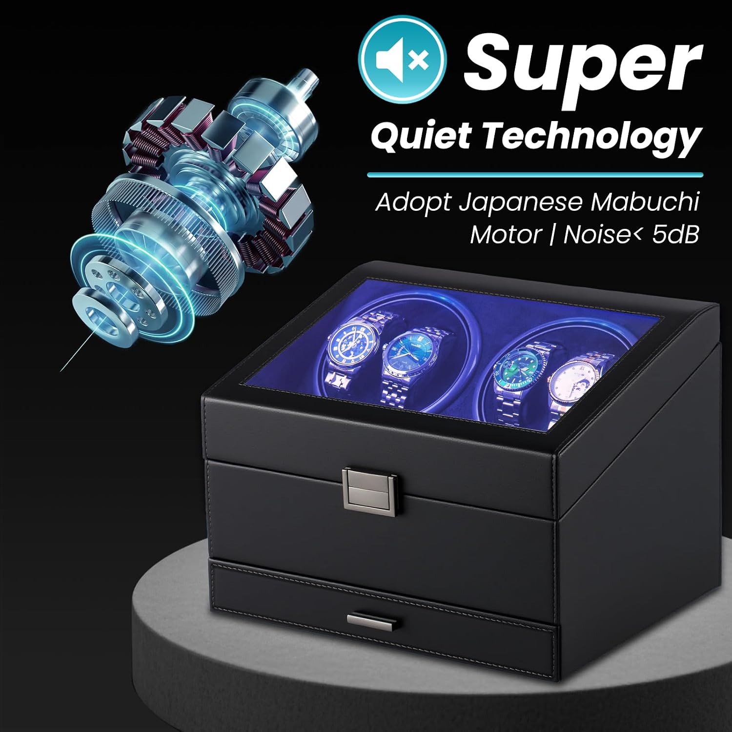J&T Technology Watch Winder for 4 Automatic Watches, Watch Winder Box with Watch Holders and Jewelry Storage, Quiet Japan-Made Motor,LED Light,Gift for Men & Women