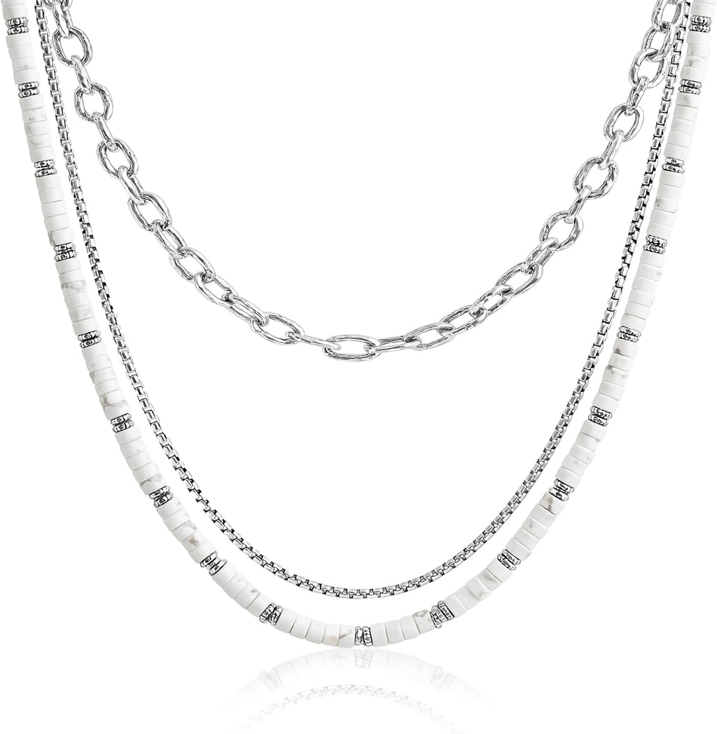 JEAN RACHEL JEWELRY Men's 3-Piece Necklace Layering Set - Hammered Link Chain, Sleek Box Chain & White Buffalo Turquoise Beads - Refined Bundle