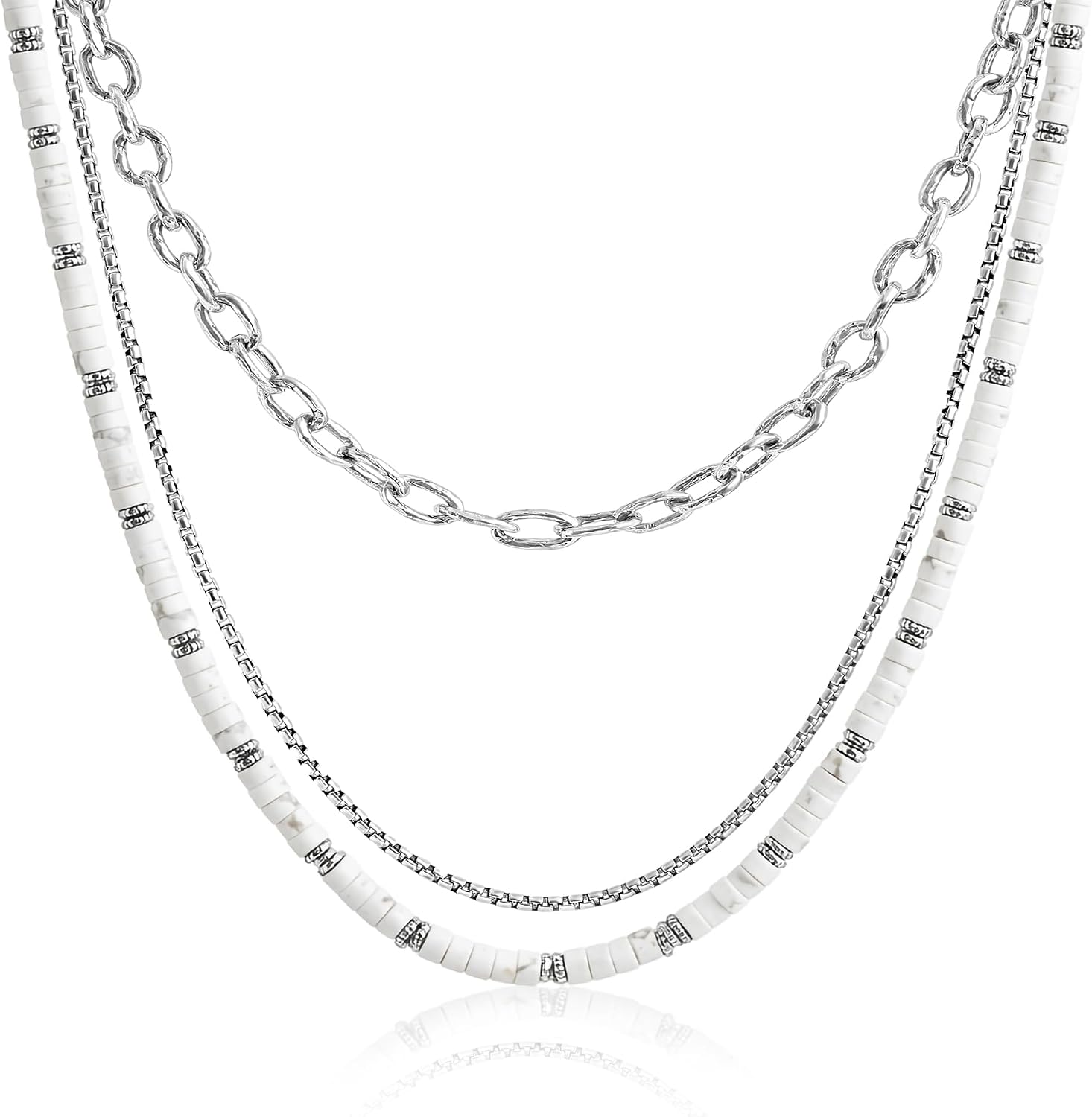 JEAN RACHEL JEWELRY Men's 3-Piece Necklace Layering Set - Hammered Link Chain, Sleek Box Chain & White Buffalo Turquoise Beads - Refined Bundle