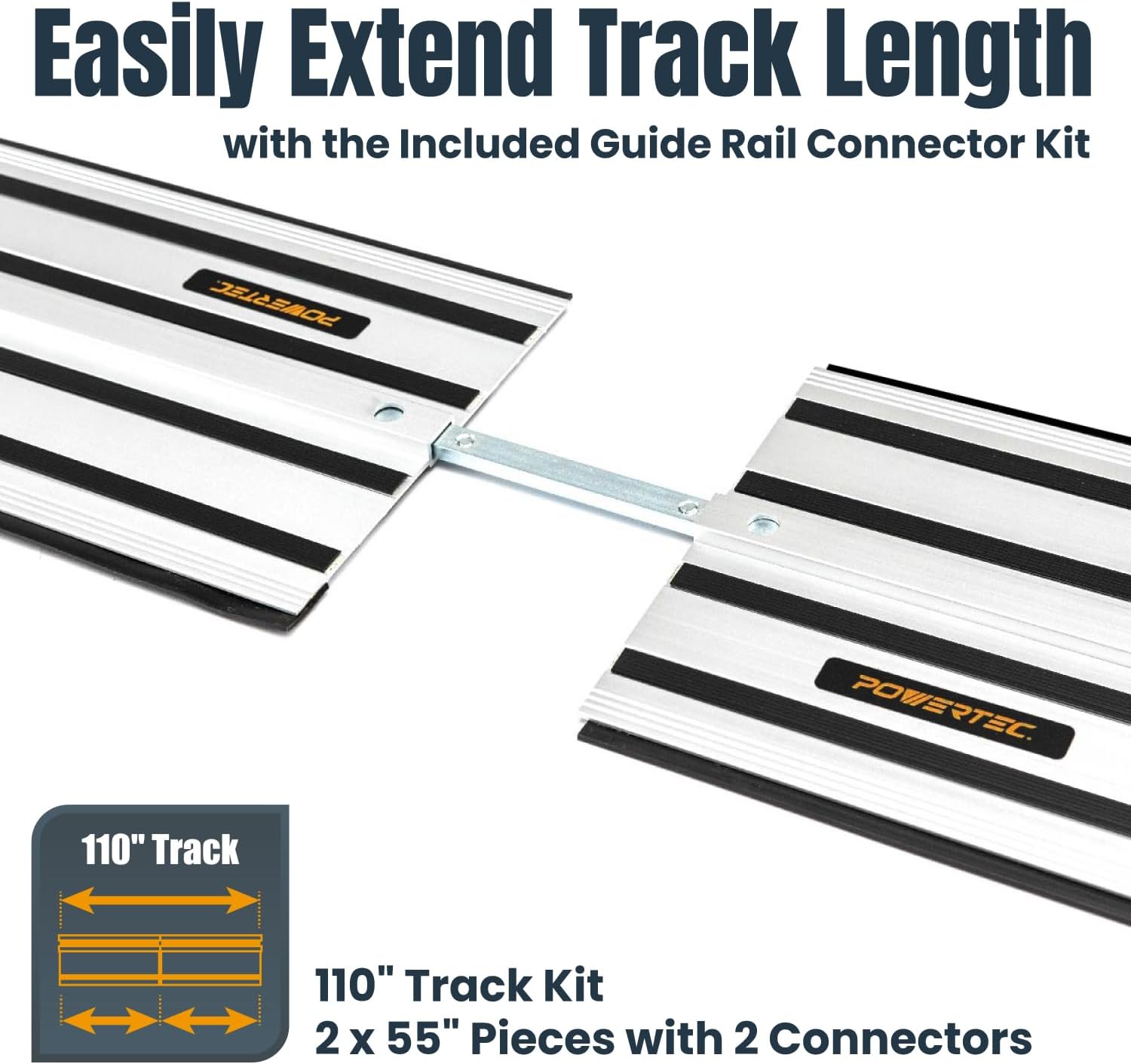 POWERTEC 71691 110 Inch Track Saw Guide Rail Connector Set for DeWalt Track Saws, Clamping Options Includes 2x55' Aluminum Extruded Guided Rails and (1) Guide Rail Connector for Woodworking Projects