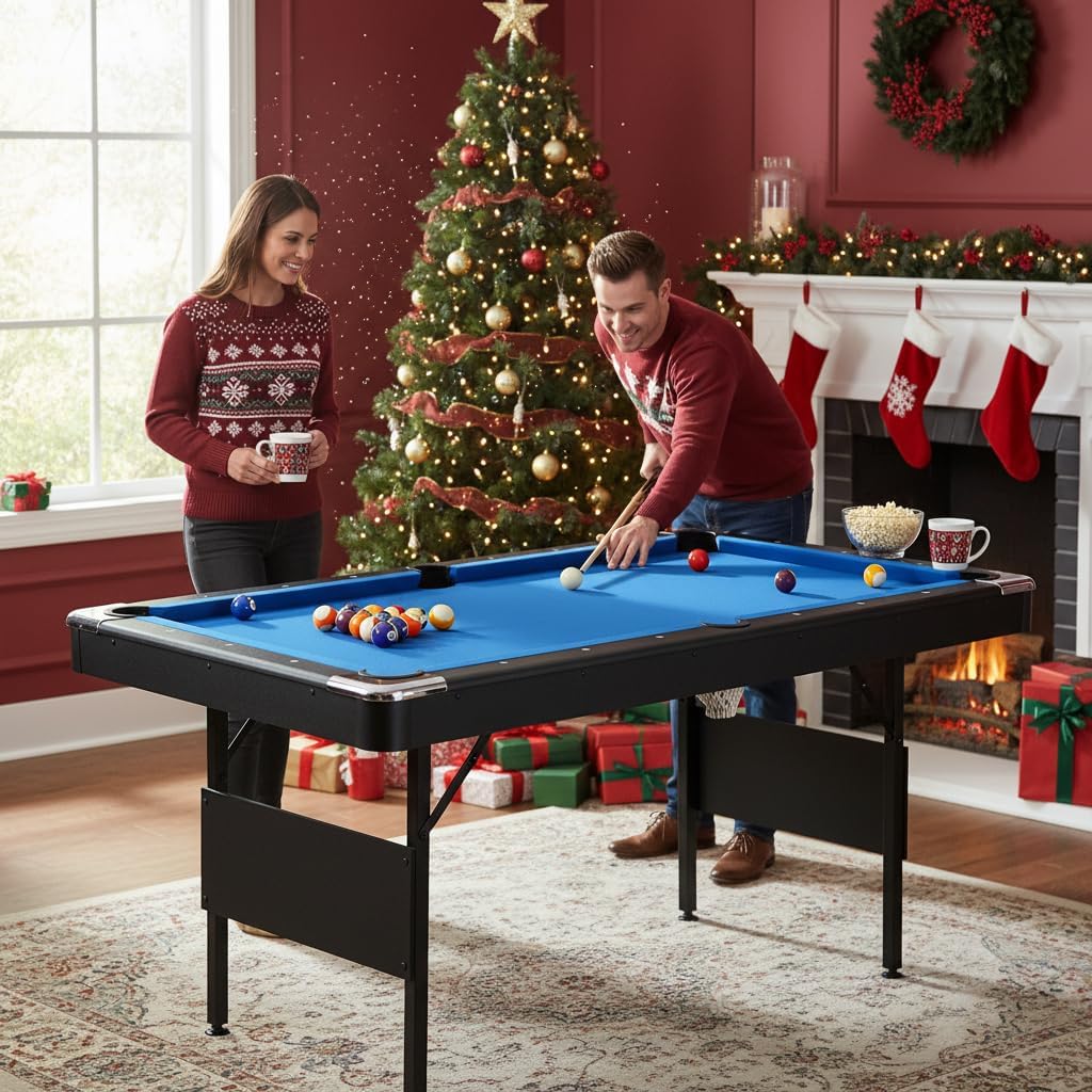 6 ft Foldable Pool Table with Steel Frame, Stable Billiard Tables with Safety Anti Collapse Locks, Heavy Duty Billiard Game Includes Full Set of Balls, 2 Cue Sticks, Chalk and Felt Brush
