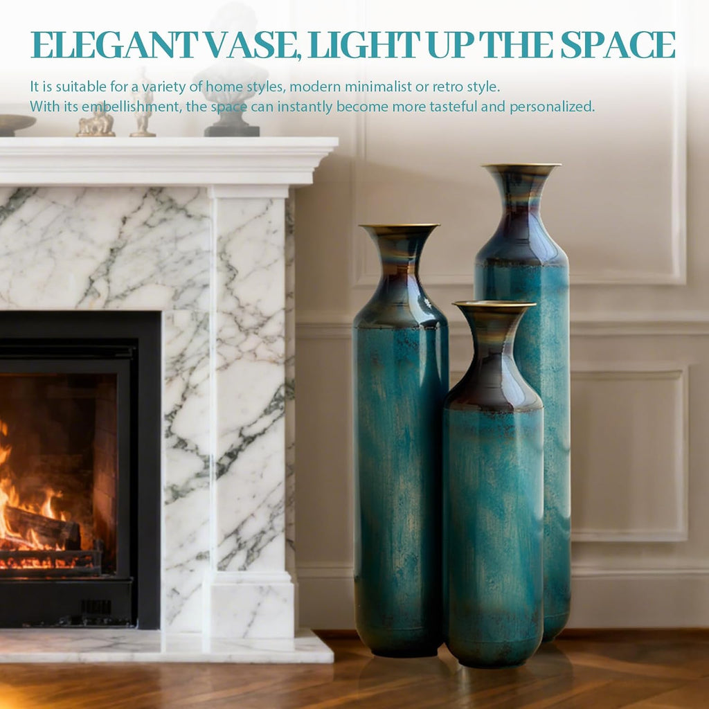 Floor Metal Decorated Vases Set of 3 for Gorgeous Home Decoration Large Glazed Metal Vases (Aqua Blue)