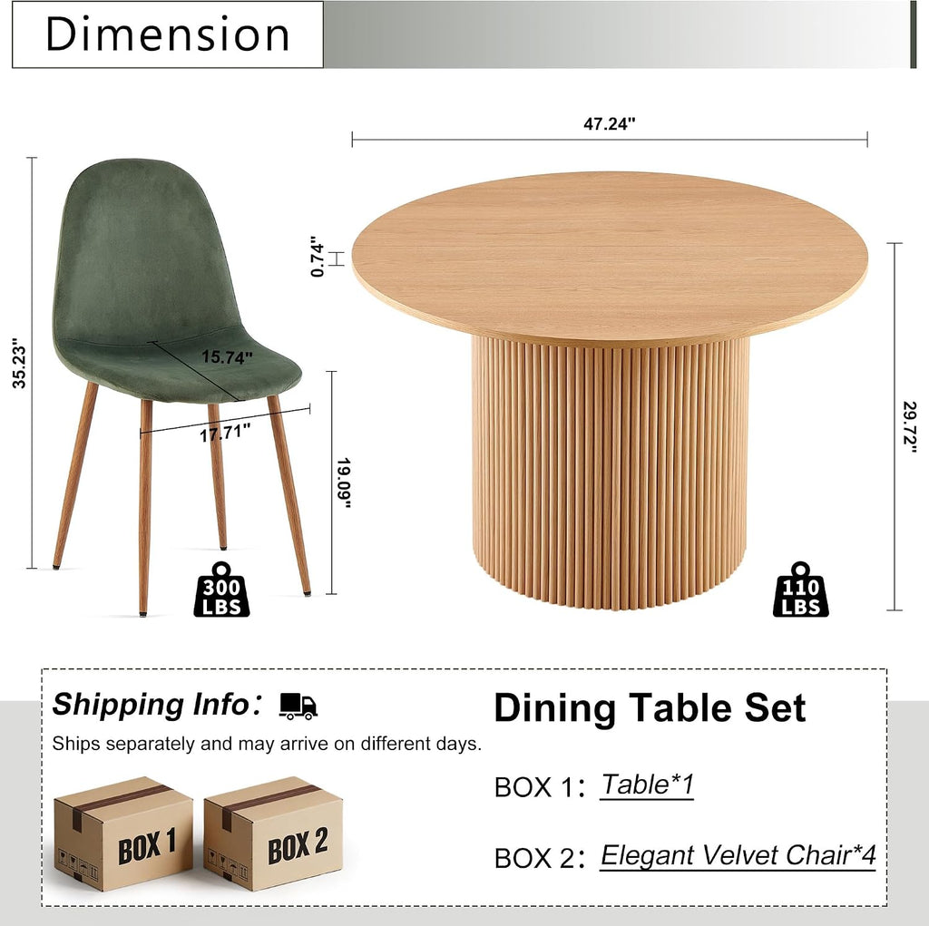 Dining Table Set for 4, Mid Century Modern 47 Inch Wooden Round Dining Table Set, Space Saving (Table + 4 Green Chairs)