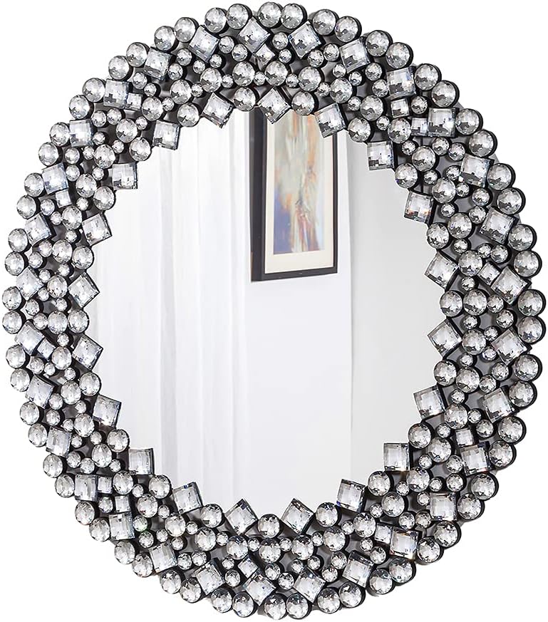 SHYFOY 35.5' Oversize Jeweled Ornate Wall Mirrors Decorative Crystal Accent Round Mirrors for Wall Home Decor, Modern Crushed Diamond Gemstone Mirror for Living Room