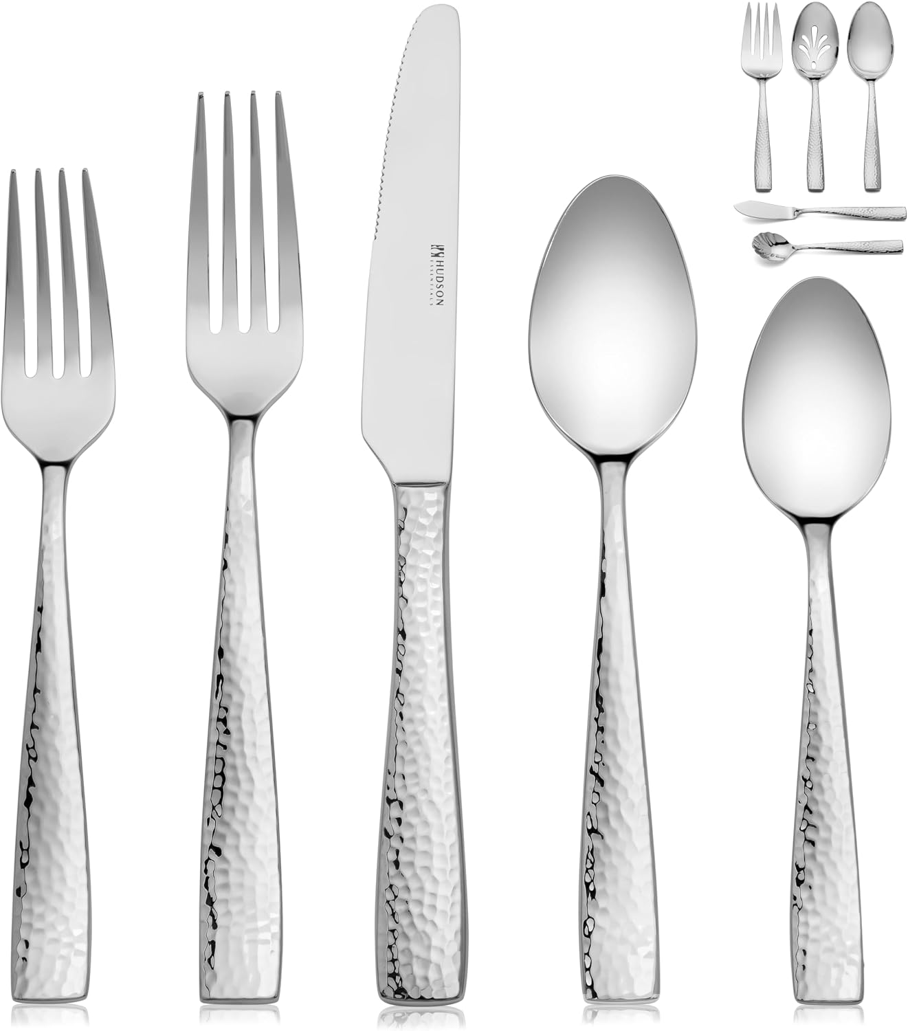 Hudson Essentials 89-Piece Hammered 18/10 Stainless Steel Silverware Cutlery Set with Serving Set, Flatware Service for 12