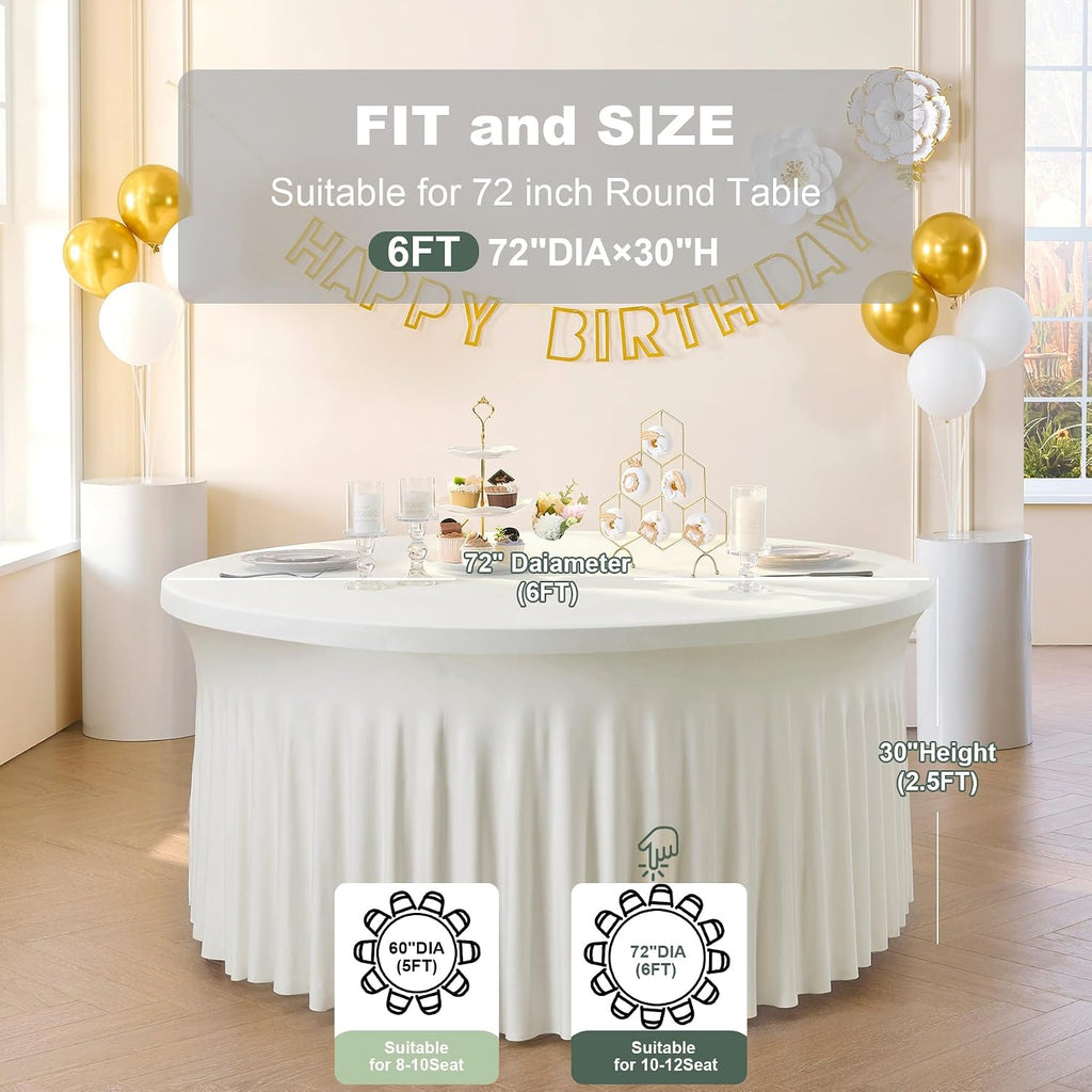 Outpain 8 Pack Ivory 72inch Spandex Round Tablecloths, Stretchy 132inch Fitted 6FT Round Table Cloths, Wrinkle Free Table Cover with Skirt for Wedding Party Dining Banquet