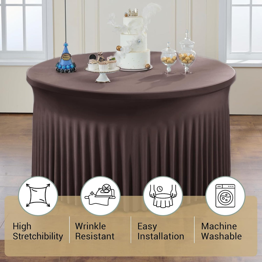 Outpain 6 Pack Brown Spandex Tablecloth for 60in/5FT Round Tables,Stretchy 120inch Fitted Round Table Cloths, Wrinkle Free Tablecloth with Skirt for Wedding, Graduation & Banquet