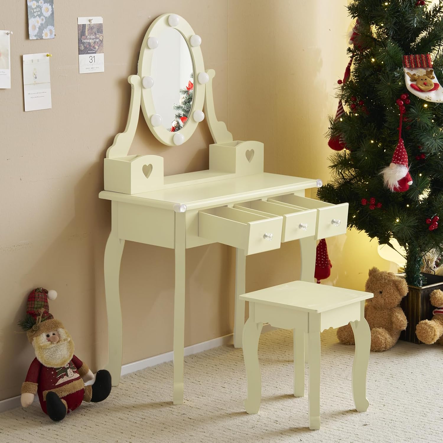 Karl home Kids Vanity Table and Chair Set, Princess MDF Dressing Table with 3-Color LED Lighted Mirror and 3 Drawers, Lovely Waved Design for Toddler's Bedroom and Playroom Decor, Macaroon Yellow
