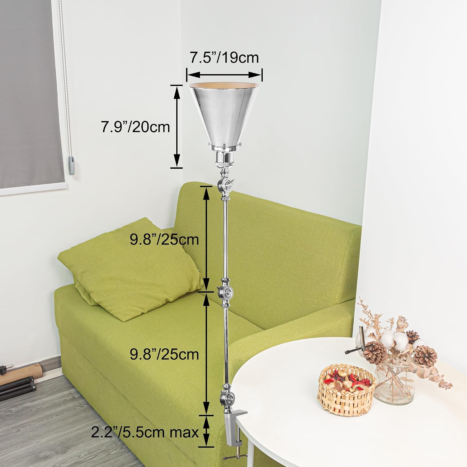 Kiven Dimmable Clamp Lamp, 1-Light Aluminum Nightstand Lamp with Flexible Swing Arm, Remote Control, Industrial Decorative Clip-on Desk Lamp for Bookshelf Office Bedside,Silver