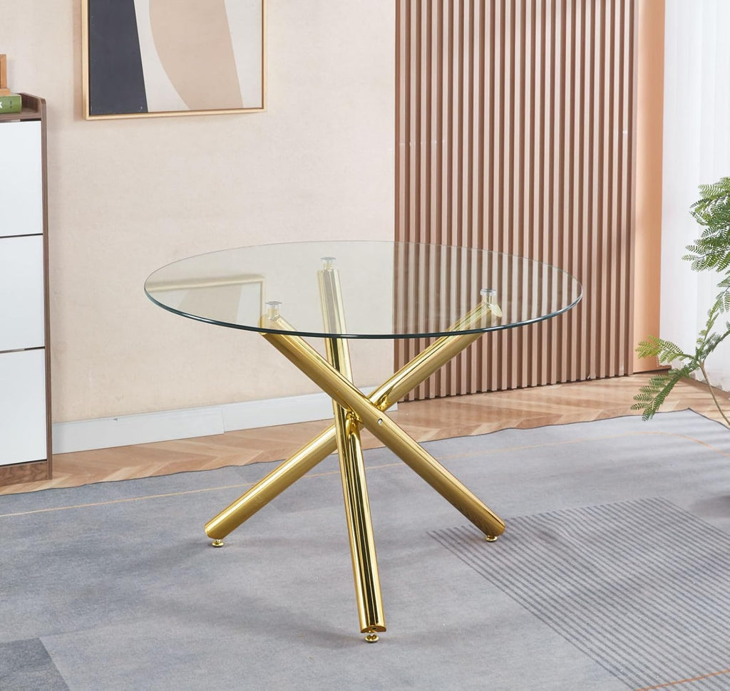 Round Glass Dining Table,Glass Dining Room Table with Metal Legs, Modern Style Glass Kitchen Table for Home, Kitchen, Dining Room