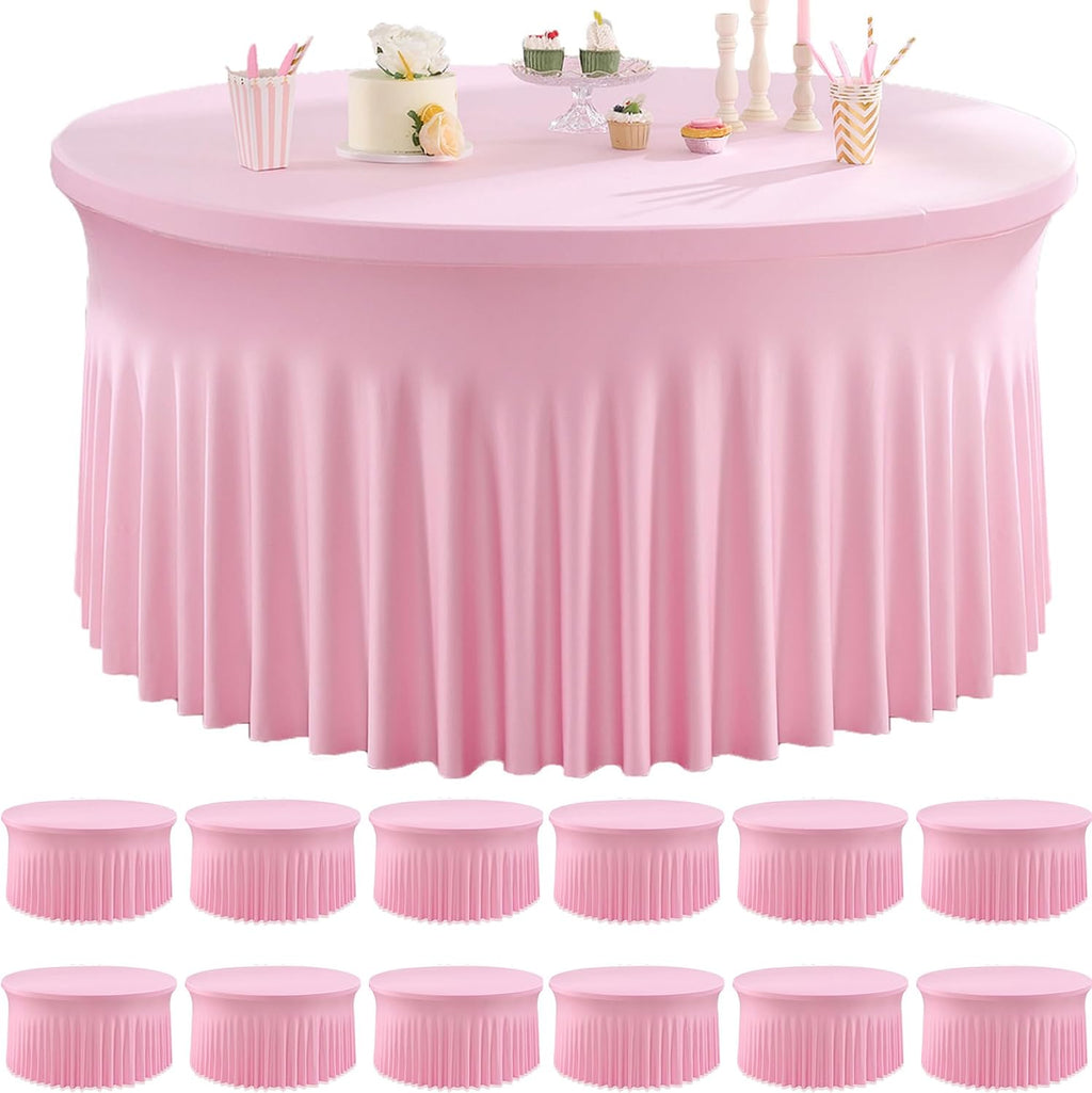 12 Pack Baby Pink Spandex Round Tablecloths for 60 inch Table, Wrinkle Free Stretchy 120inch Fitted 5FT Round Table Cloths Cover with Skirt for Wedding Party Dining Banquet Events
